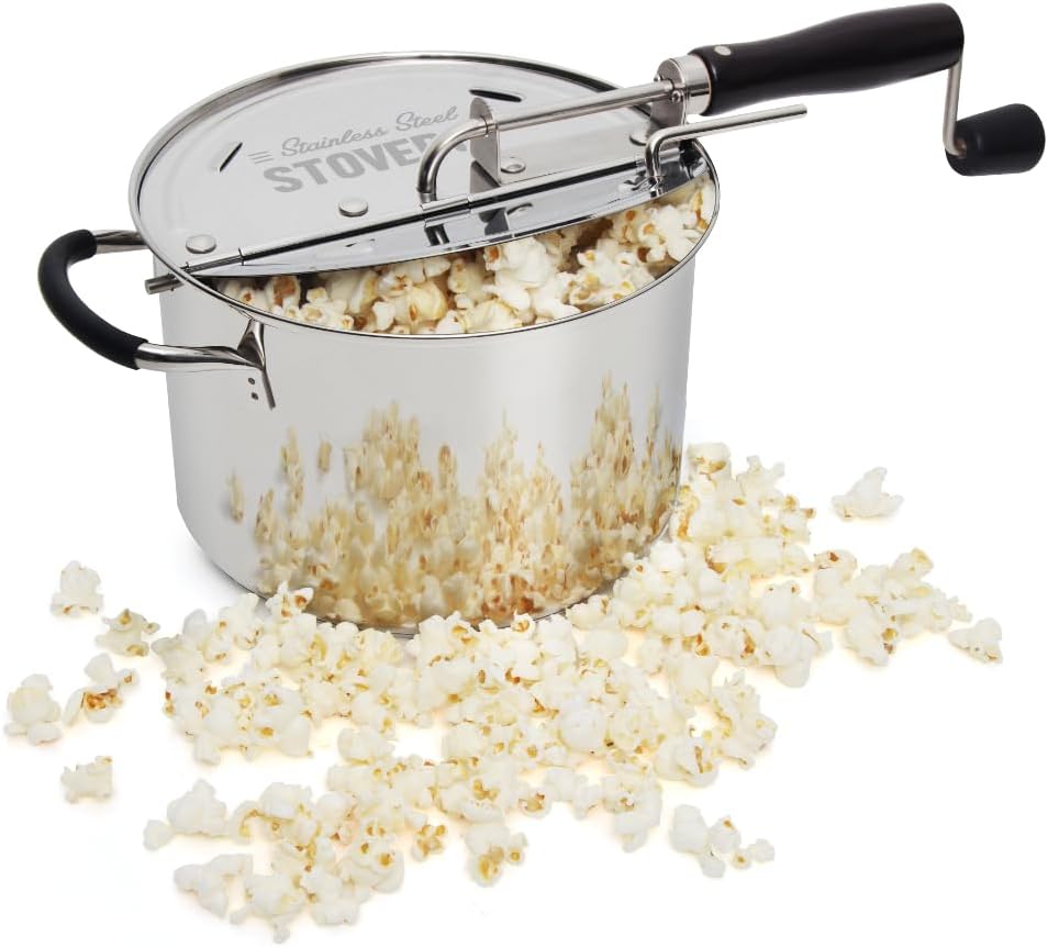StovePop Stainless Steel Popcorn Popper - Gearless Hand Crank, Magnetic Lid, 6 Qt - Induction Range Compatible
