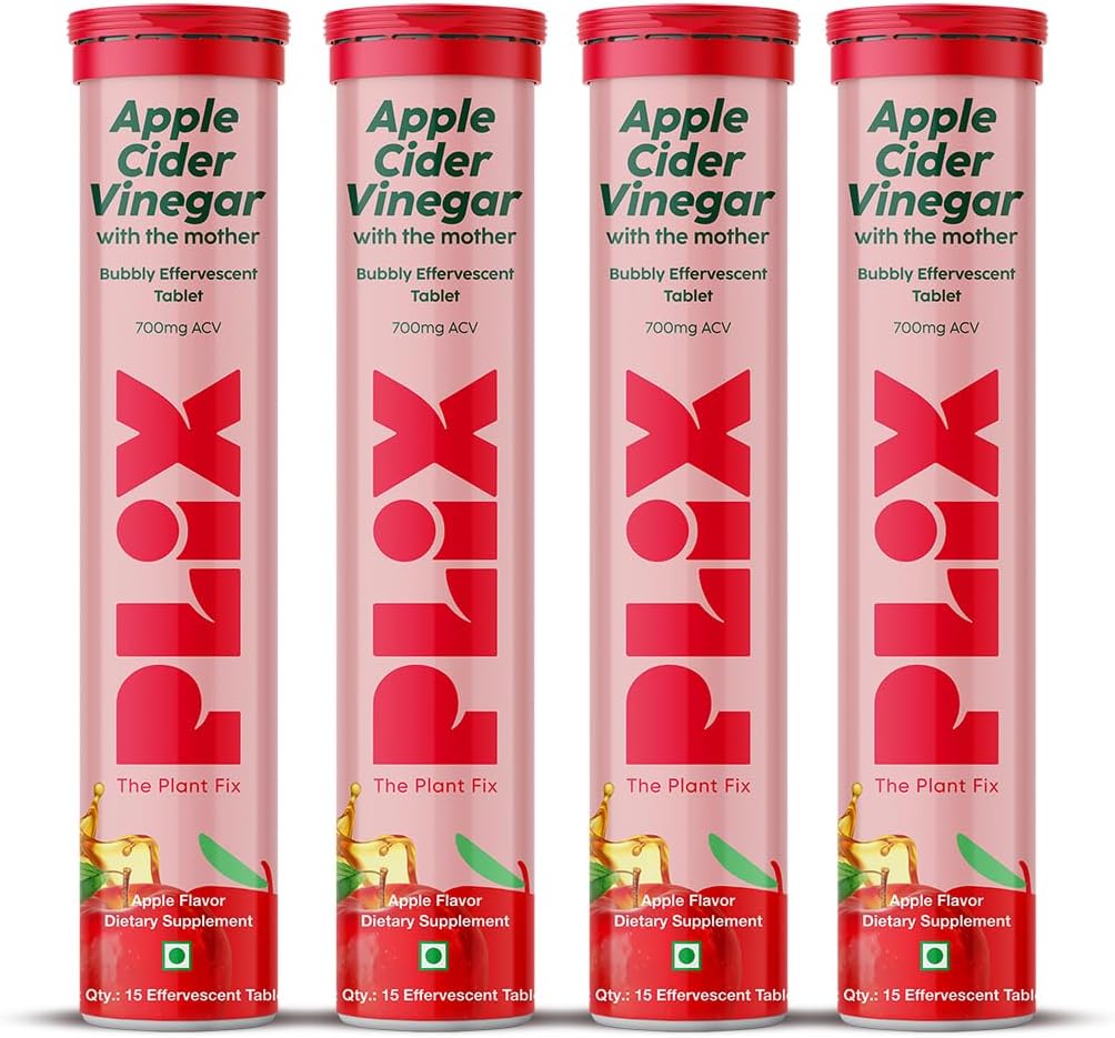 PLIX - THE PLANT FIX Apple Cider Vinegar 15 Effervescent Tablet, ACV with Mother for Weight Loss and Easy Digestion, Vitamin B6 & B12, Pack of 4 (Apple), 100% Vegan, Easy to Carry & Consume