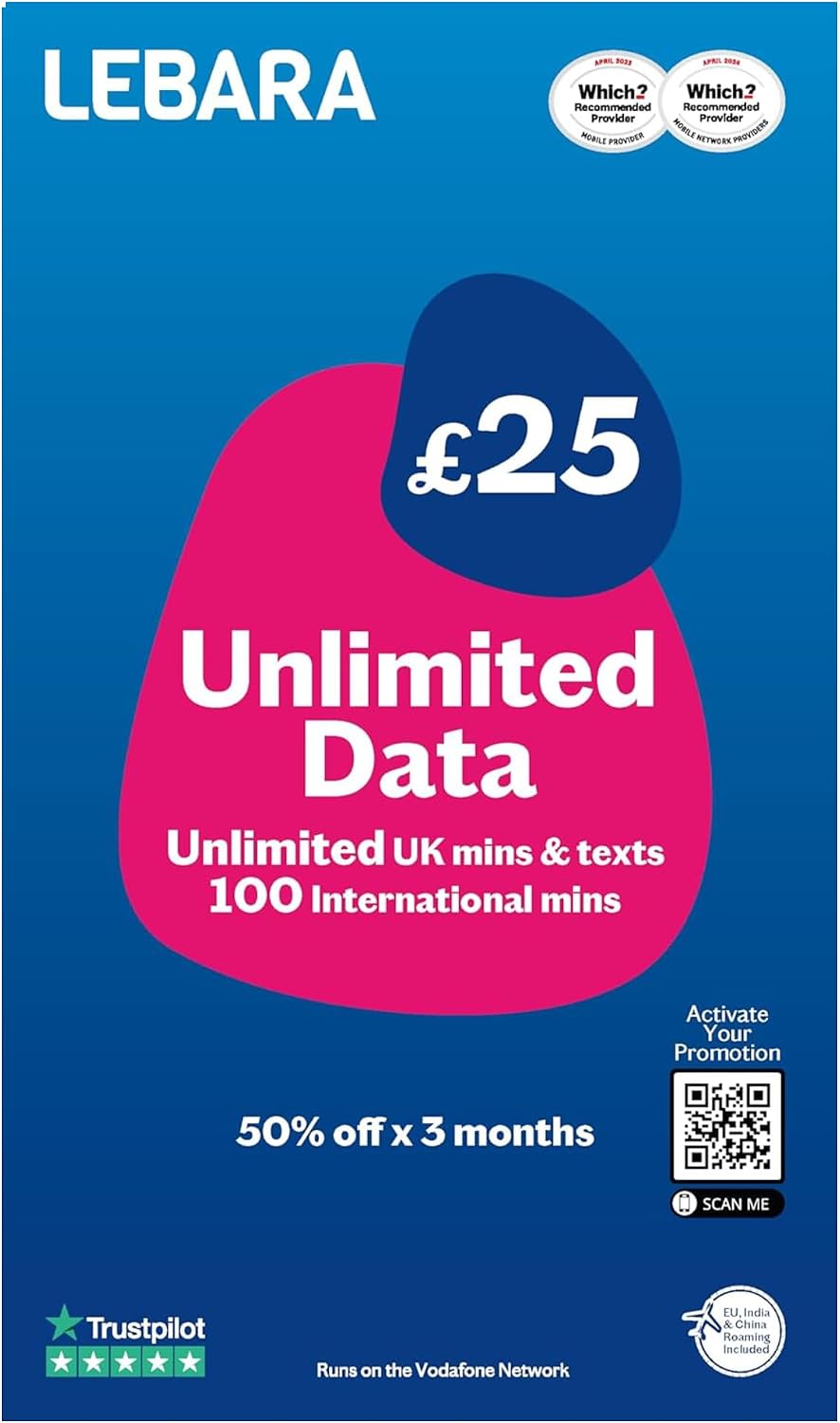 Lebara SIM card, unlimited data SIM, half price for first 3 months, no contract, pay when you activate SIM, multi-size, fits all devices