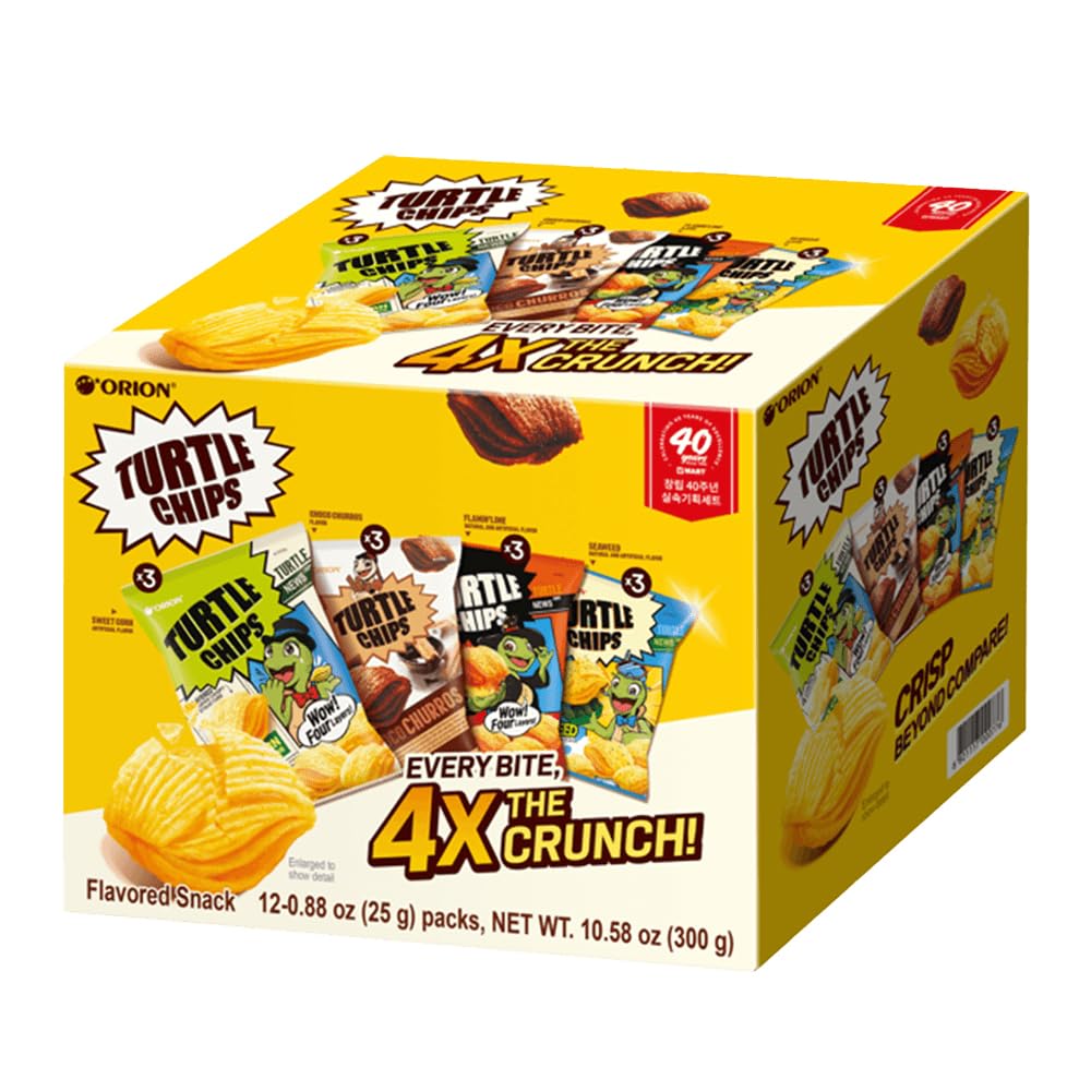 Turtle Chips 4 Mix Flavor Snack Corn Soup/Choco Churos/Lime/Seaweed 12Pk, 10.58 Oz (300g)