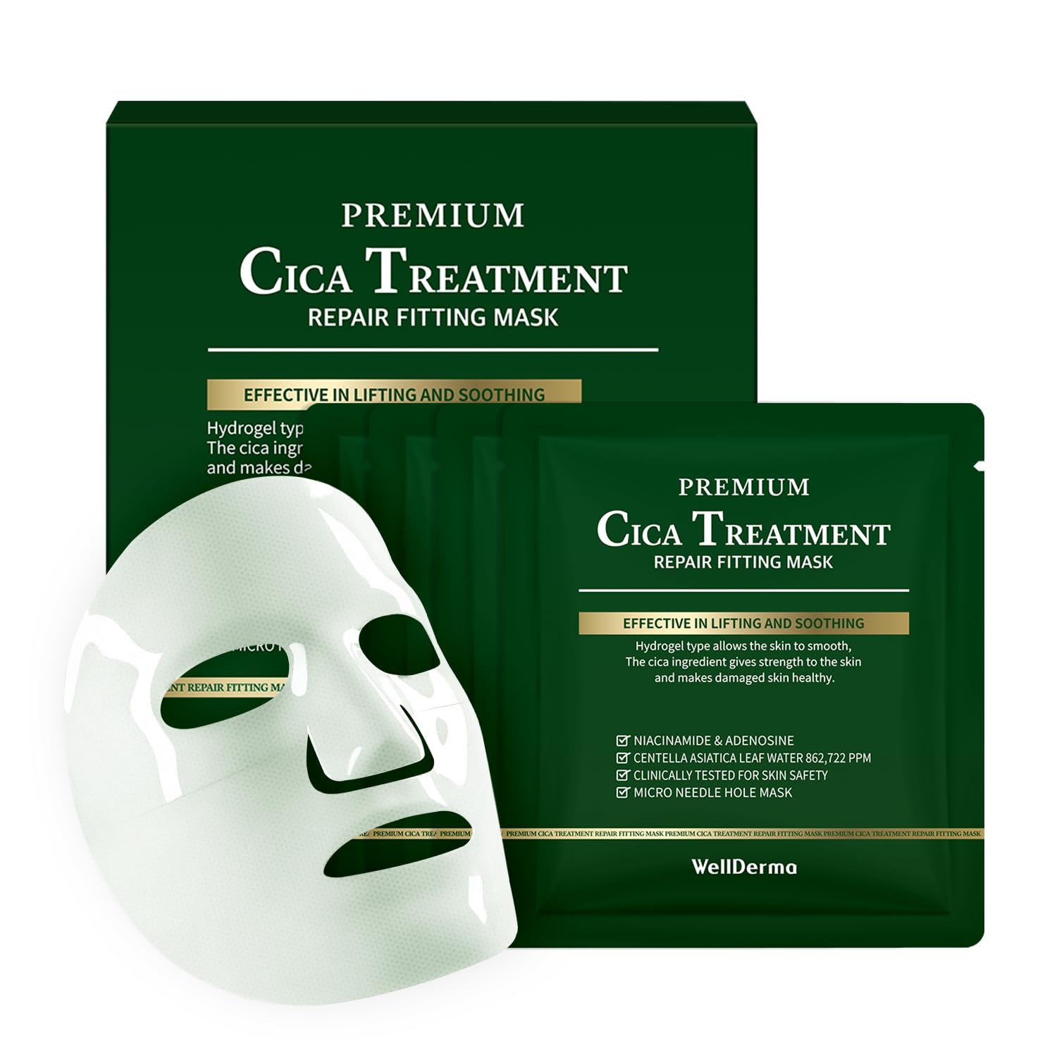 WELLDERMA Premium Cica Hydrogel Fitting Mask, 25g x 4 Sheets – Soothing & Calming Face Mask with Centella Asiatica & Niacinamide for Sensitive Skin