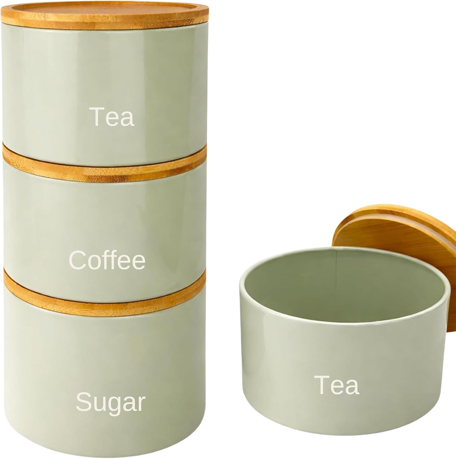 3 Pieces Jar with Wooden Lid Tea Coffee Sugar Canister Storage Container Bowl Pots Kitchen Storage Tins (Sage)