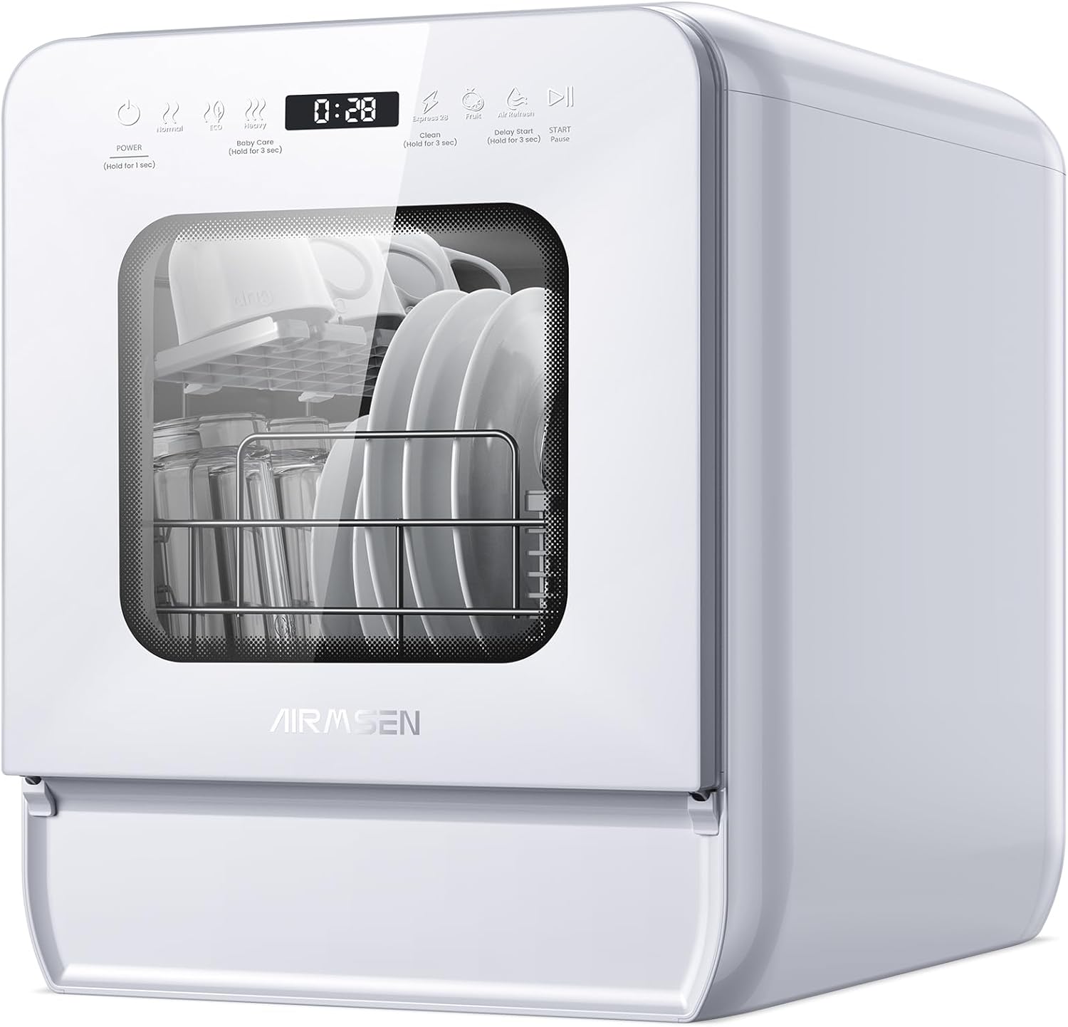 AIRMSEN 2025 NEW Upgraded Portable Dishwasher No Plumbing Table Top Dishwasher with 5L Tank, 9 Programs, 37 * 50cm Ultra-Narrow & Deep Design, 1-24H Delay Start & 360° Dual Spray, White