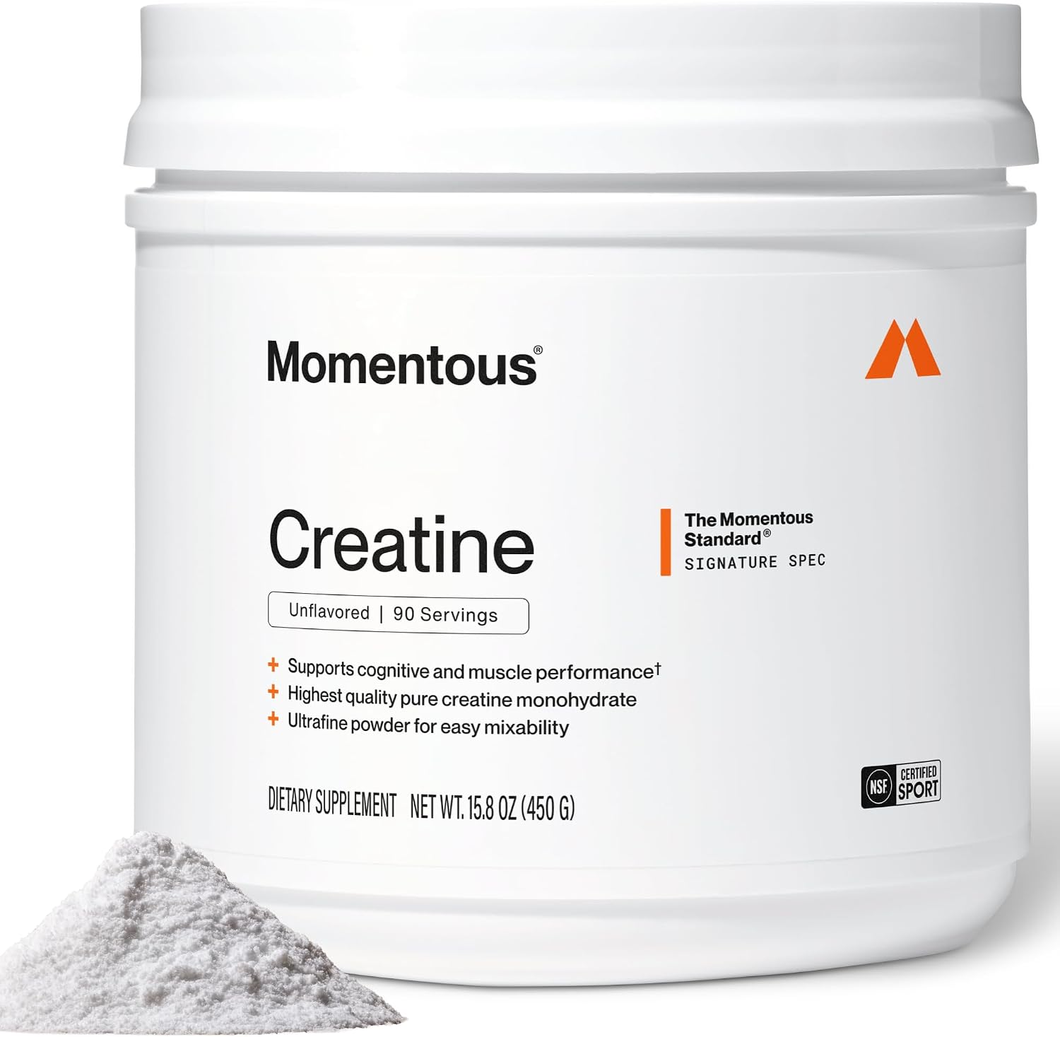 Momentous Creatine Monohydrate Powder, 5g per Serving, Unflavored | Supports Lean Muscle, Strength, Recovery, & Cognitive Function, NSF Certified for Sport, Non-GMO & Gluten-Free (90 Servings)