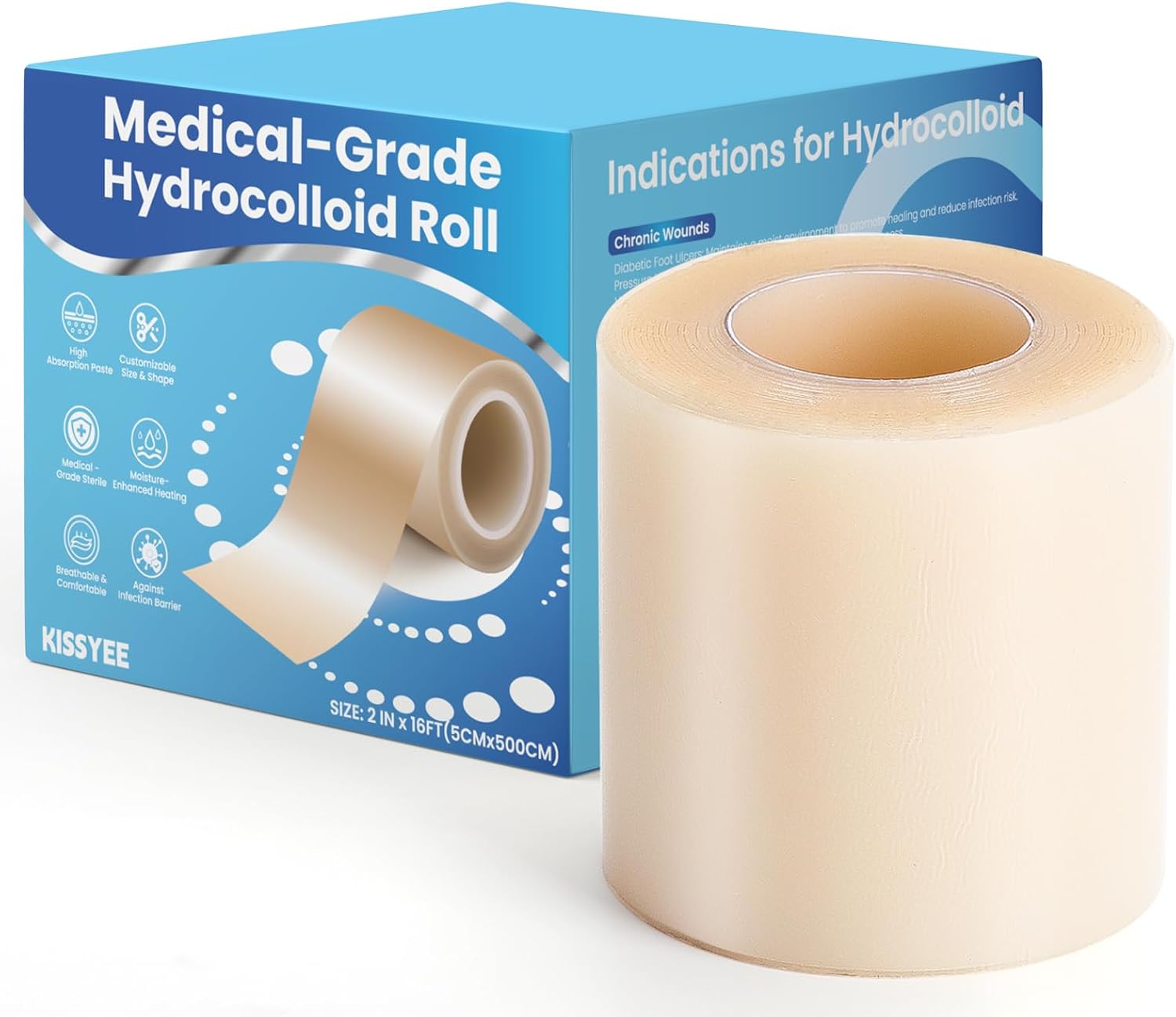 Hydrocolloid Roll Bandages, 2IN x 16FT Extra Large Hydrocolloid Patch with Self-Adhesive, Ultra Absorbent, Cut-to-Size, Flexible & Waterproof for Burn, Blister, Acne Care