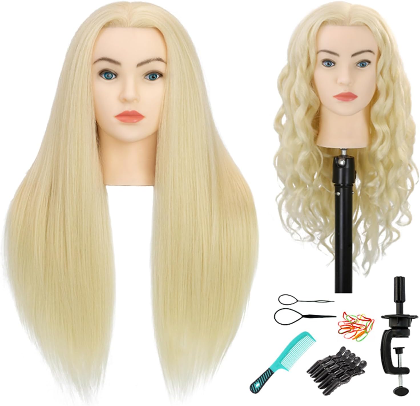 28" Mannequin Head with Human Hair Light Blonde 80% Real Hair Blue Eyes Styling Practice Mannequin Head Doll Head for Cosmetology & Hairdresser with Free Clamp Stand and Tools（613#）