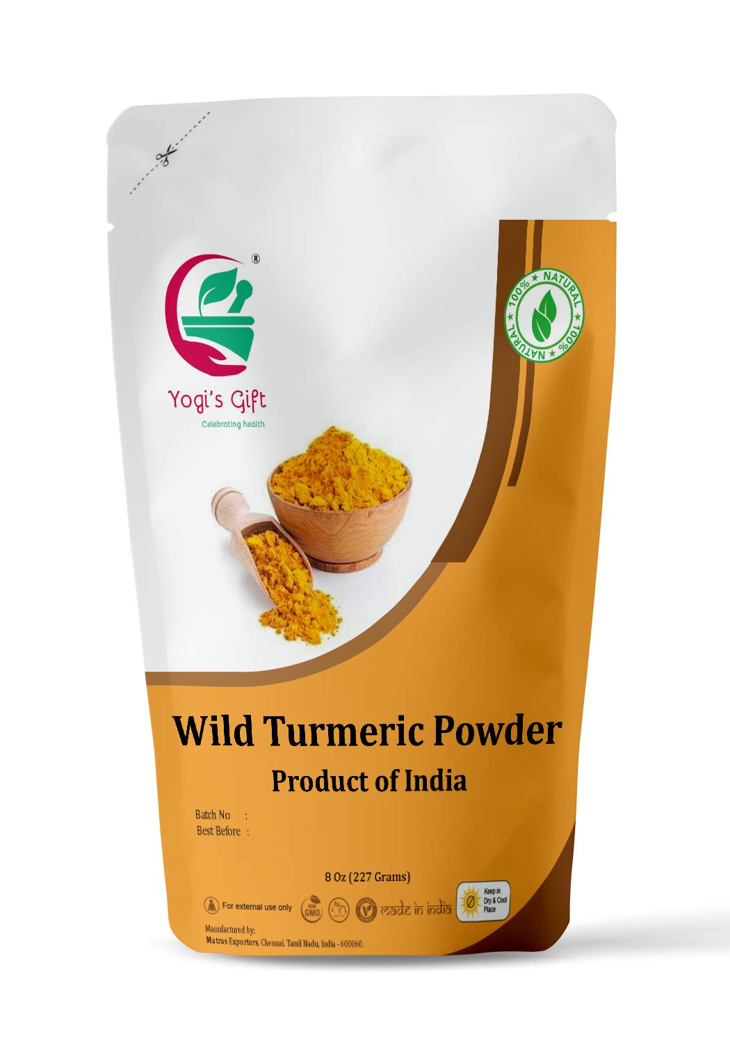 100% Pure Wild Turmeric Powder For Face | 8 Oz (227 grams) | Kasturi Manjal | Curcuma Aromatica | Amba haldi | Promotes Glowing Skin | By Yogi's Giftยฎ