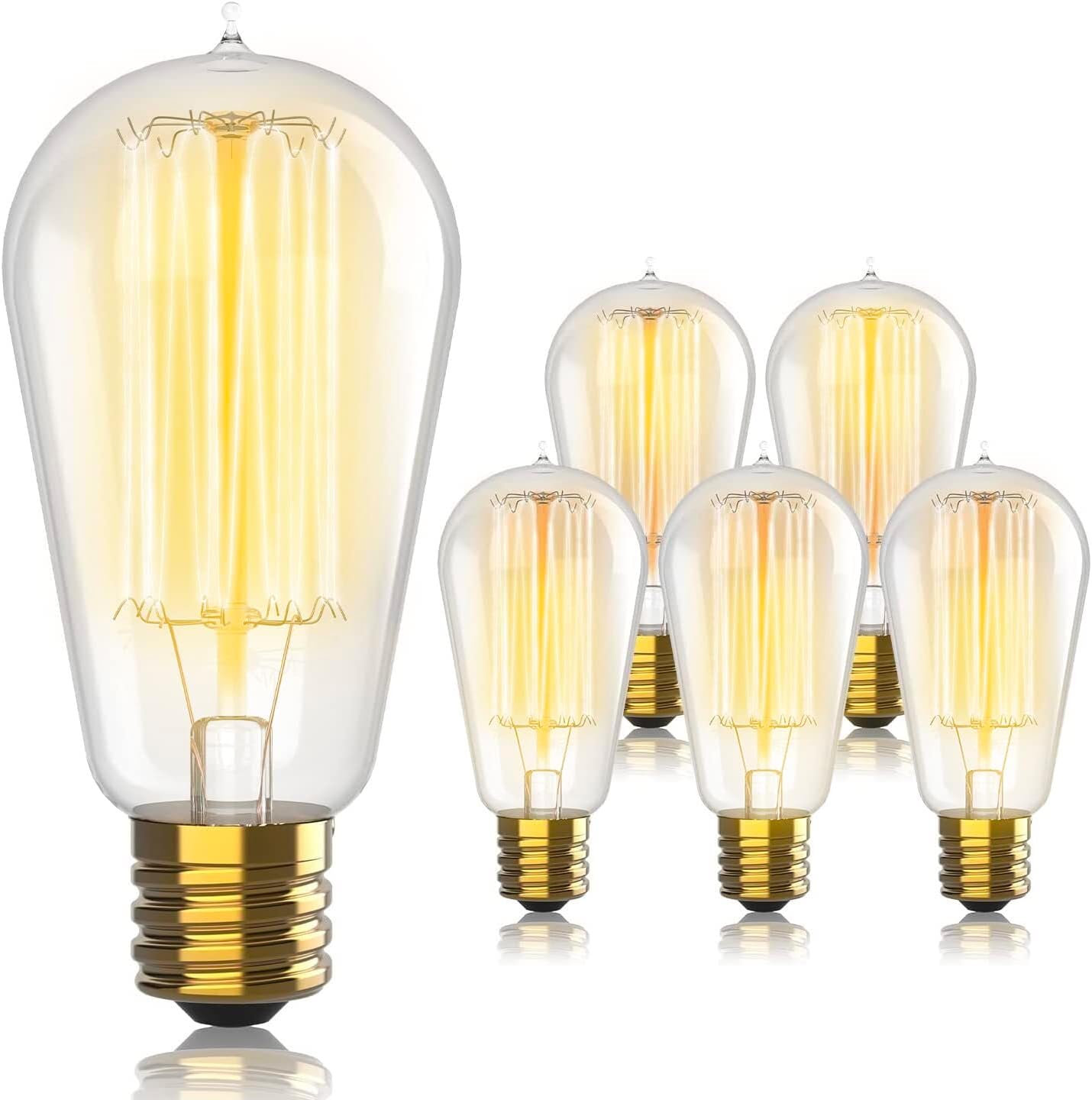 Vintage Incandescent Edison Light Bulbs, 60W, E26/E27 Base, 2100K Dimmable Decorative Lights, ST58 Style Warm Glow, Antique Squirrel Filament for Outdoor and Indoor Use - 6 Pack
