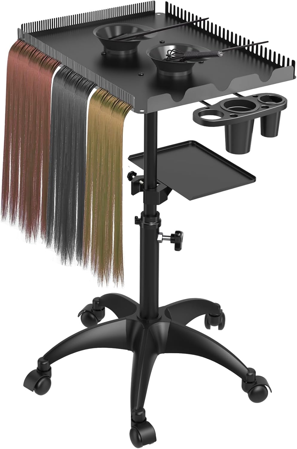ZHOOGE Hairstylist Rolling Cart, Salon Trolley With Storage Platform and Hair Separator Stand, Coloring Tray With Dye Bowls and Tools, Black