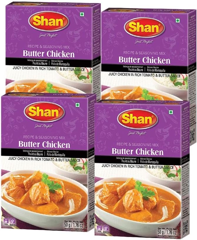 Shan Butter Chicken Masala 50Grams Mix In Rich Tomato And Butter Sauce Powdered Seasoning Used For Non Veg Pakistan Origin (Pack of 4, BUTTER CHICKEN MASALA)