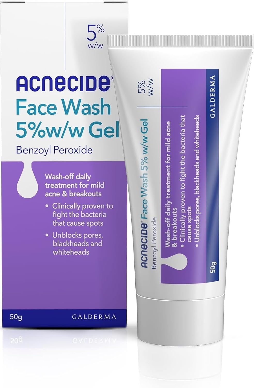 Acnecide Face Wash Gel 5% Benzoyl Peroxide 50g | Mild Acne Cleanser Treatment for Spot-prone Skin, Rinse-off Face Wash, Fights Bacteria, Unblocks Pores, with Glycerin