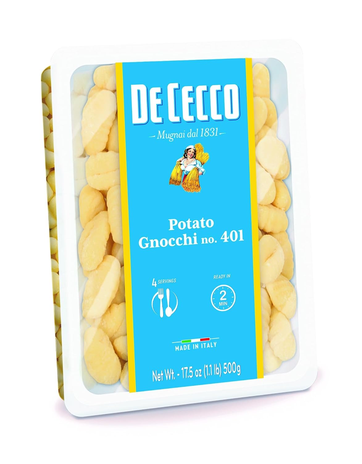 De Cecco Potato Gnocchi No. 401, 16 Oz (Pack of 4), Authentic Italian Dumplings, Made with Potatoes and Wheat Flour, Versatile Pasta for Sauces & Recipes, Made in Italy