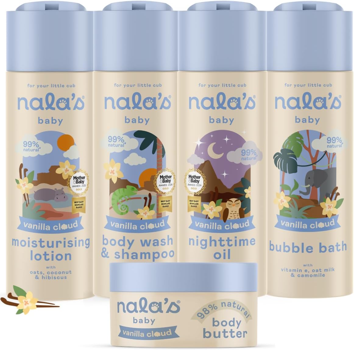 Nala's Baby Vanilla Cloud Complete Bundle | Full Vanilla Cloud Range of Body Wash & Shampoo, Body Lotion, Nighttime Oil, Body Butter, Bubble Bath | Allergen-Free Fragrance | Dermatologically-tested