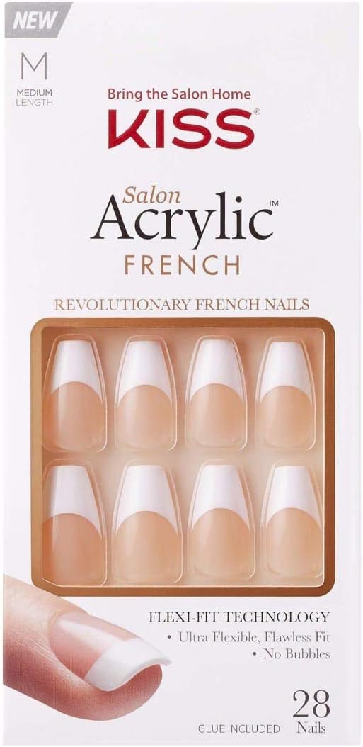 KISS Salon Acrylic French Collection, Je T'aime, Medium Length Square Fake Nails Includes 28 False Nails, Nail Glue, Nail File, and Manicure Stick