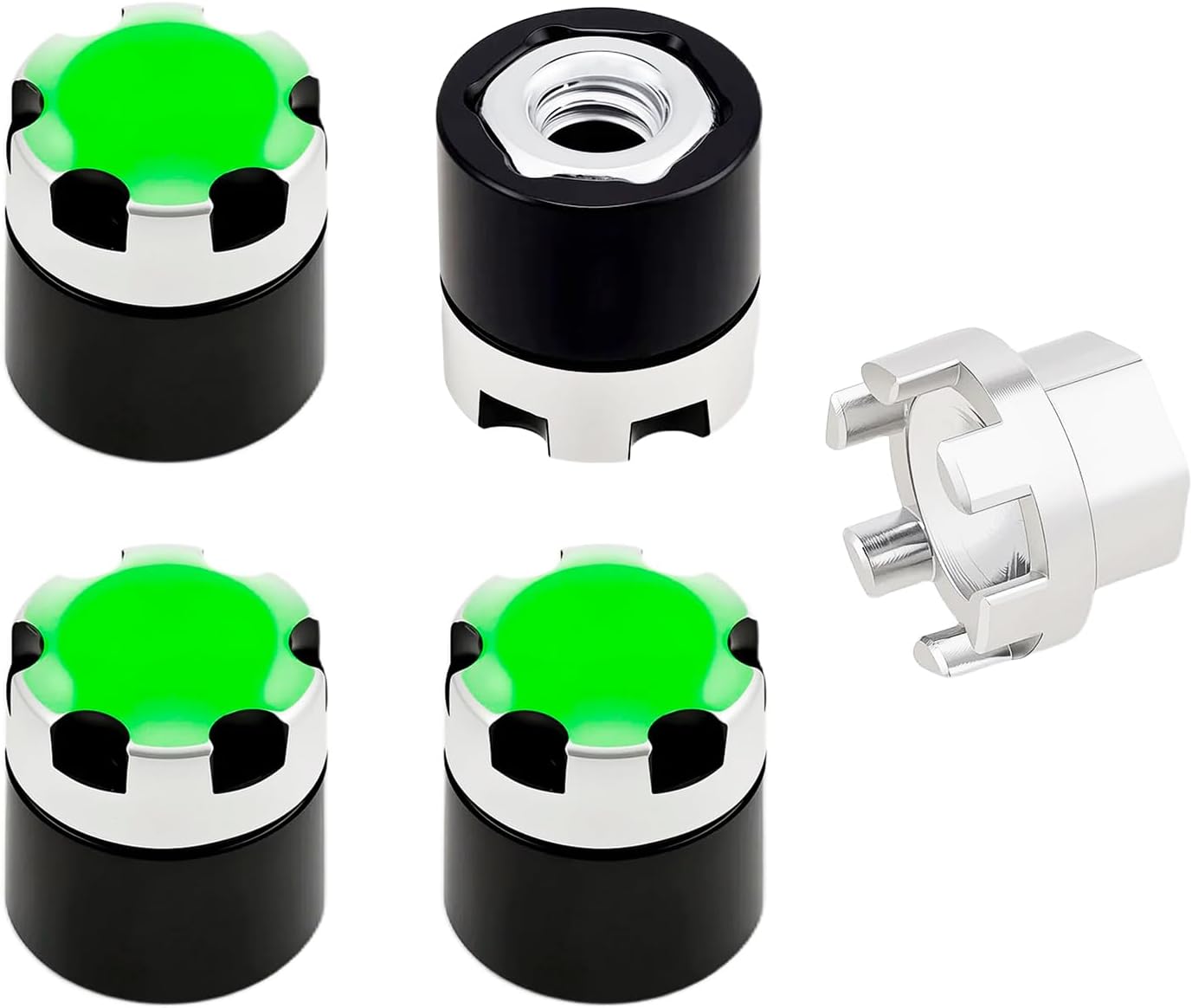 4PCS Night Glow Color Fluorescent Green Aluminum M4 Nut Wheel Rim Center Cap Manual Locking Hubs for 1/10 RC Crawler Car Traxxas TRX4 Axial SCX10 D90 Tamiya MST Redcat