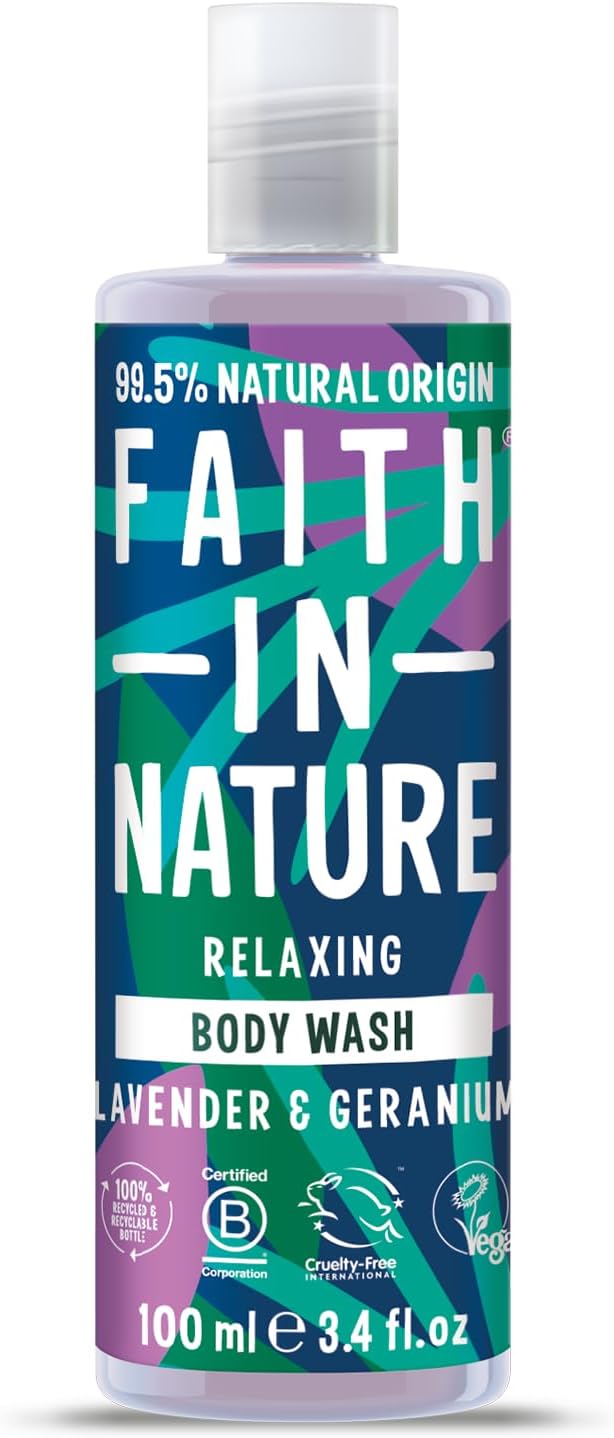 Faith In Nature 100ml Travel Size Lavender and Geranium Body Wash, Relaxing Shower Gel, Vegan and Cruelty Free, No SLS or Parabens