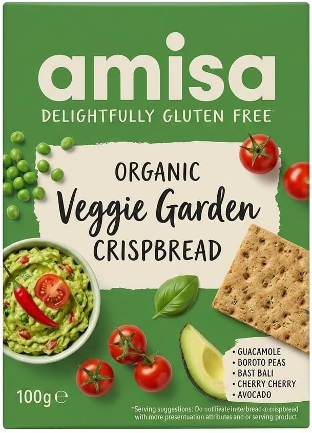 Amisa Organic Veggie Garden Crispbread, 100g - Gluten Free & Vegan Friendly - The Perfect Healthy Snack