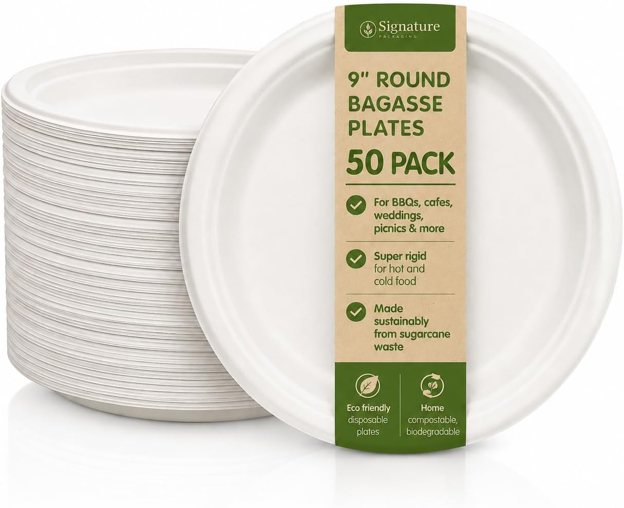 Signature Extra Strong Bagasse Plates 9in 50 Pack Corporate & Home Use
