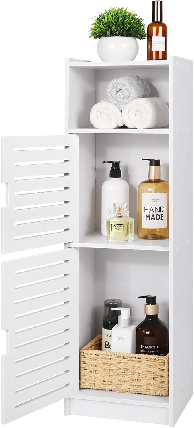aimu Waterproof Bathroom Cabinets,Bathroom Storage Units with Open Storage Shelf,Free-standing Floor Cabinets,Corner Organizer Cupboard for Bedroom Kitchen Hallway,White.