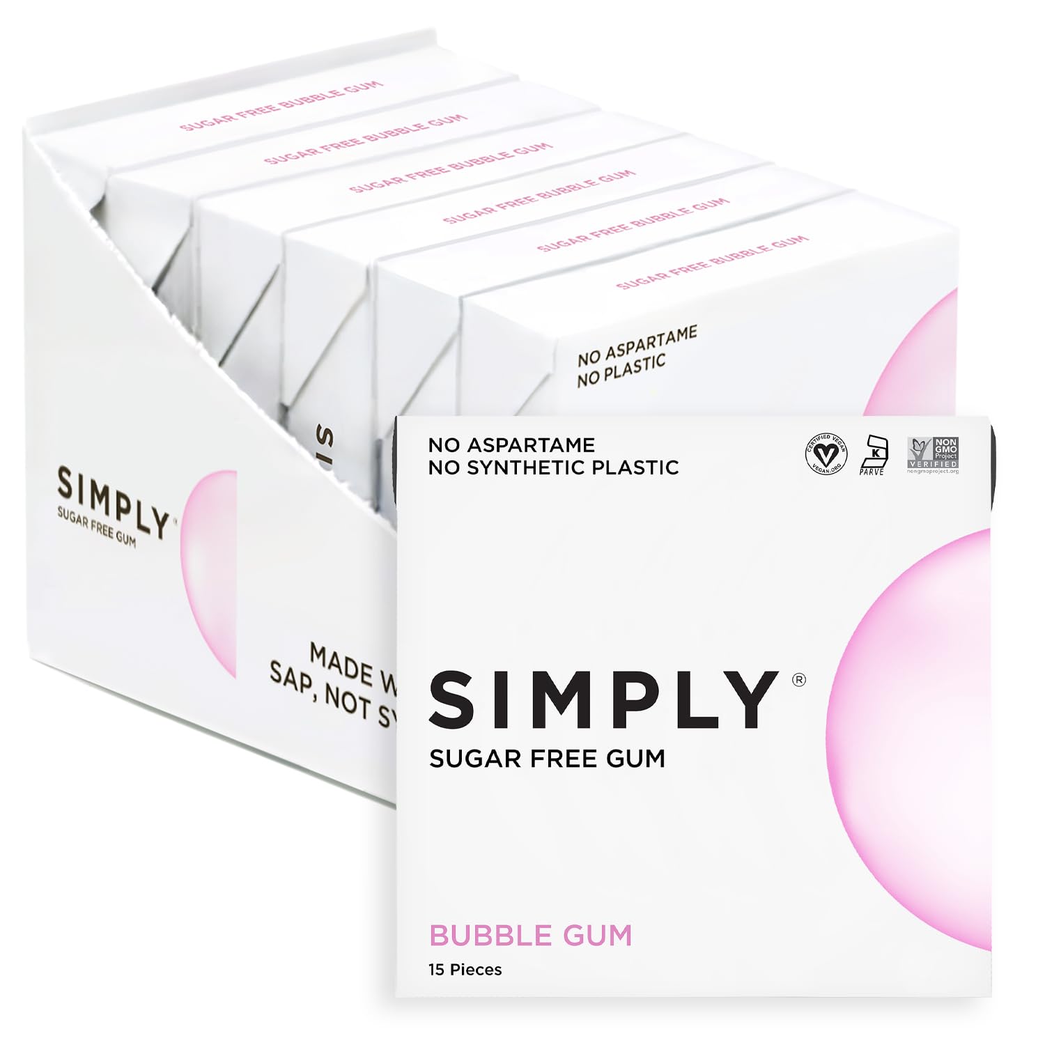 SIMPLY Plastic-Free Bubblegum, 100% Xylitol Sweetened, 6 Packs of 15 Pieces