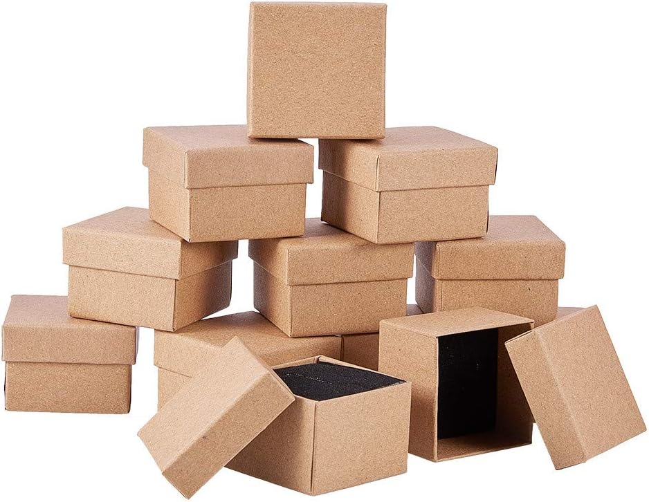BENECREAT 24 Pack Ring Box 5x5x3cm Kraft Brown Square Cardboard Jewelry Boxes Small Gift Box for Wedding Party Birthdays