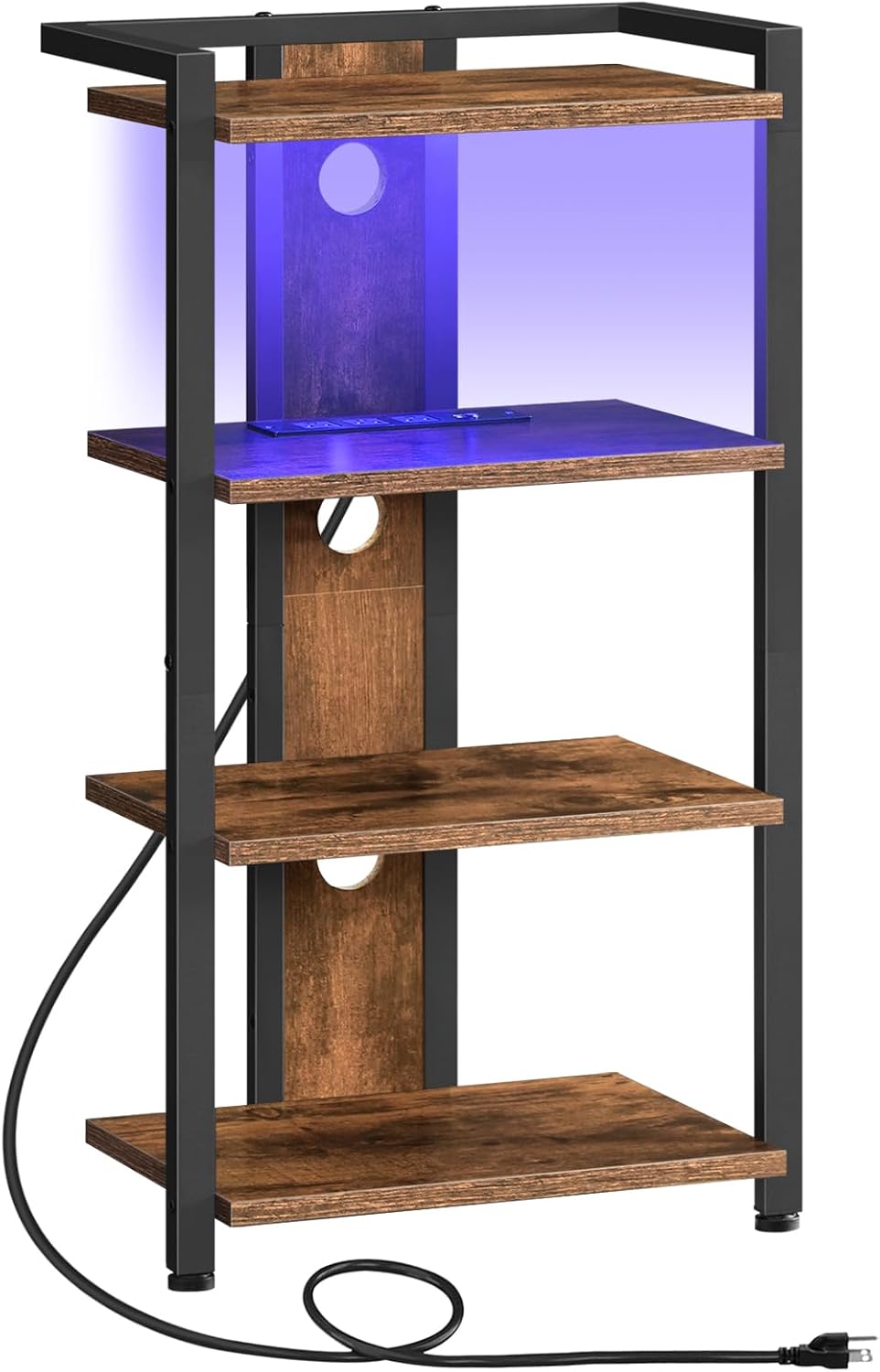 HOOBRO 4-Tier AV Media Stand, Media Console with Charging Station and LED Light, Wooden Stereo Cabinet, Corner TV Stand, Record Player, Entertainment Device Stand, Rustic Brown and Black BF38UDCJ01