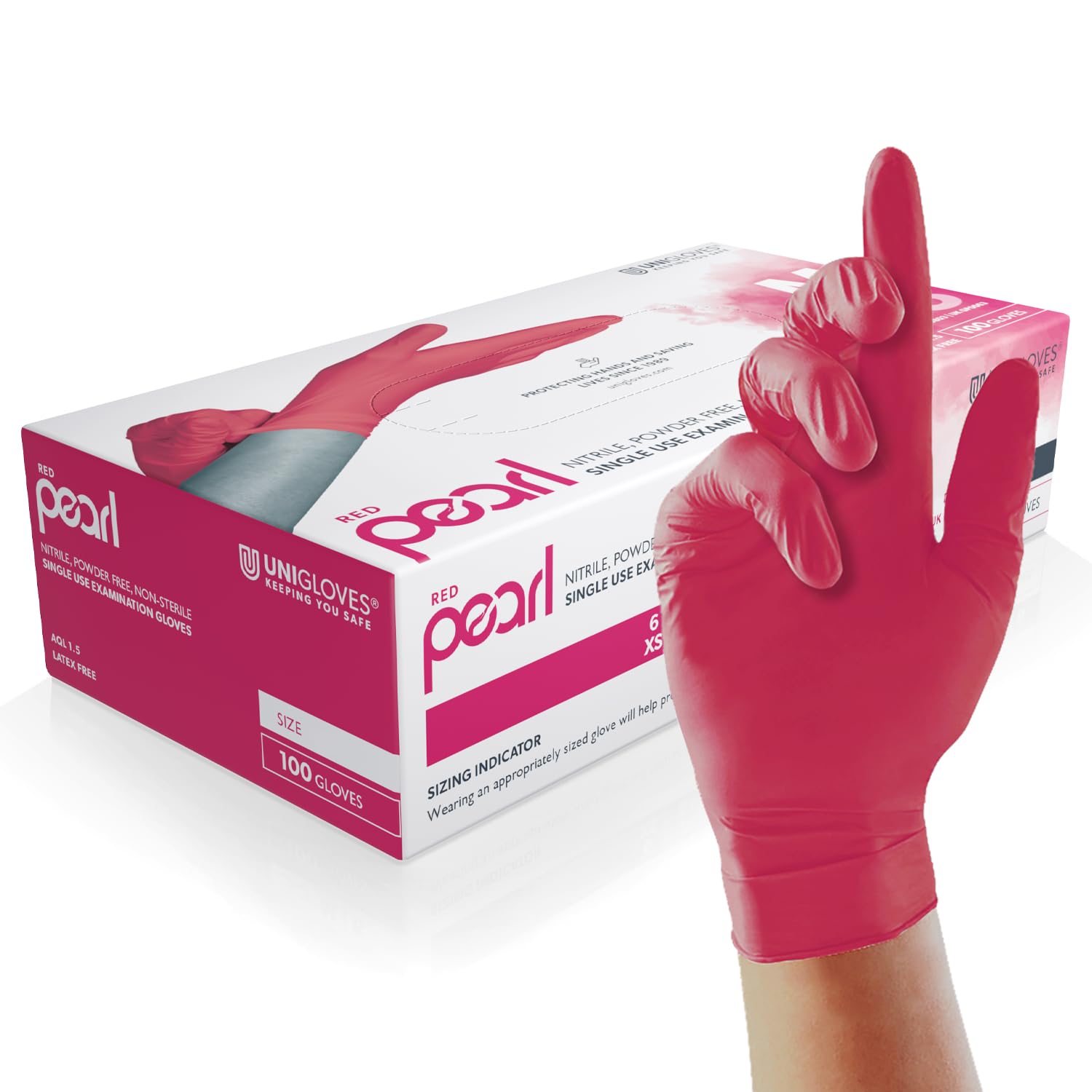 Unigloves Red Pearl Nitrile Examination Gloves | Multipurpose, Powder Free and Latex Free Disposable Gloves - Box of 100 Gloves, Red, Small (GP0062)