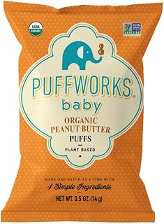 Puffworks Baby Organic Peanut Butter Puffs, Perfect for Early Peanut Introduction, Plant-Based Protein, USDA Organic, Gluten-Free, Vegan, Non-GMO, Kosher, 0.5 Ounce (Pack of 12)