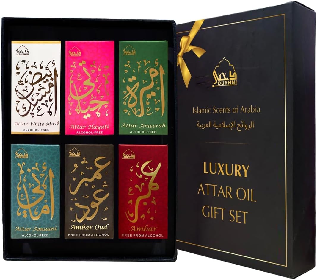 Dukhni Luxury Attar Oil Set | Arabian unisex perfume oils | 6 assorted scents x 6ml | Mini roll ons, arabic oud fragrance oil | Alcohol free, Vegan, Collection Set for Gifting