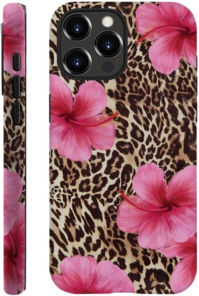 Case Compatible with iPhone 14 Pro Max,Scratch Resistant Hybrid 2-Layer Hard Shell Phone Case,Leopard Pink Hibiscus Tropical Floral
