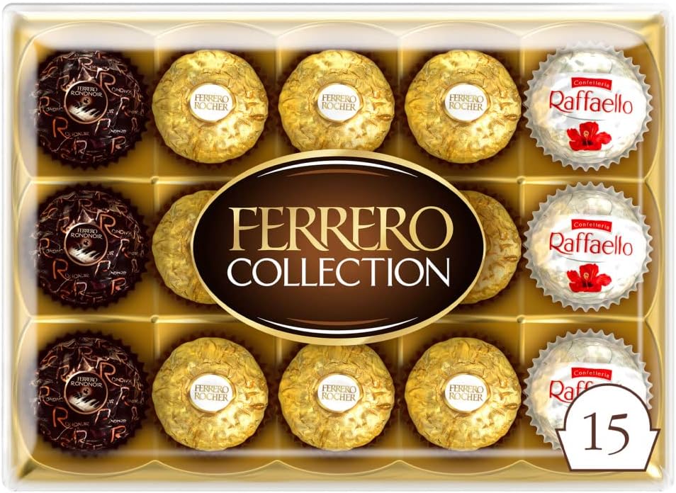 Ferrero Collection Pralines, Chocolate Gift Hamper, Treat Box, Chocolate Gifts, Assorted Rocher, Coconut Raffaello and Dark Chocolate Rondnoir, Box of 15 (172g)