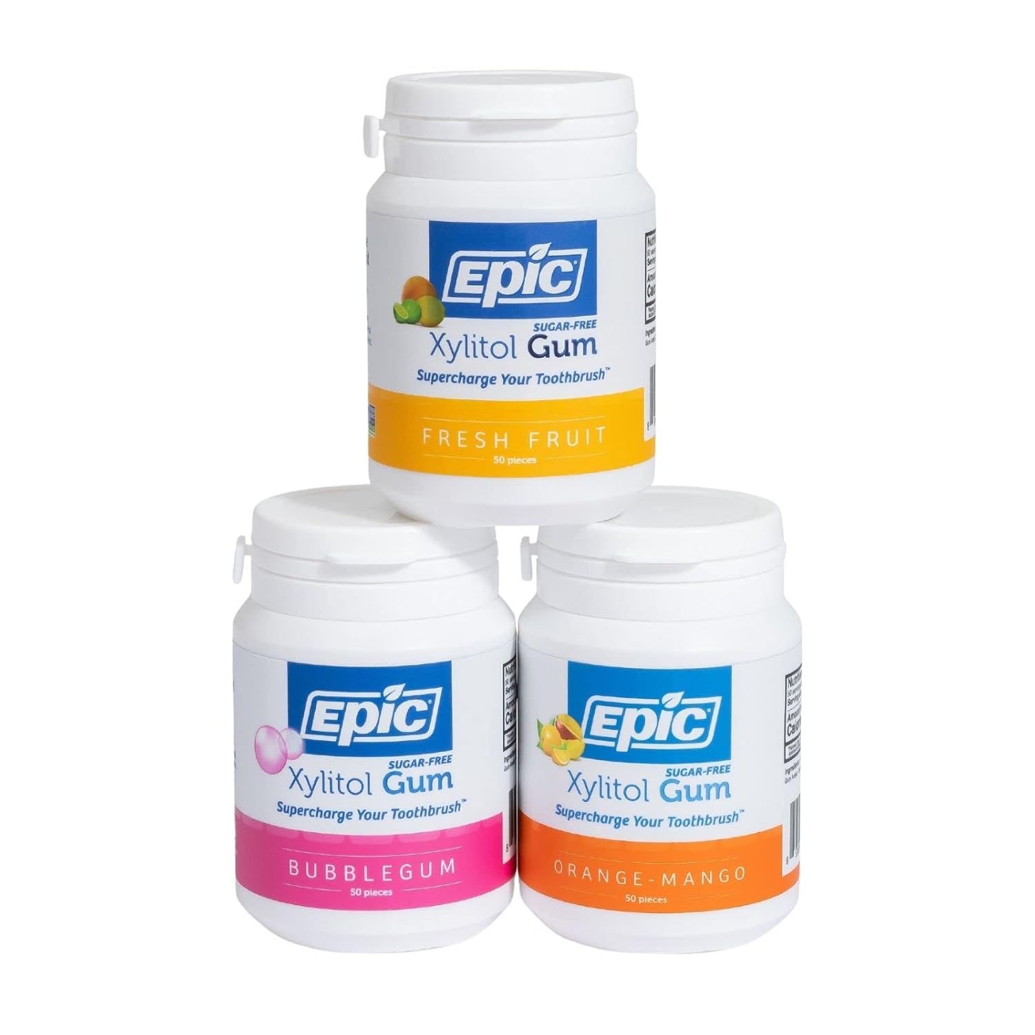 Epic Gum - Aspartame Free 100% Xylitol - Chewing Gum Sugar Free Gum - Fresh Fruit, Bubblegum, Orange Mango Variety, 50 Pieces (Pack of 3)