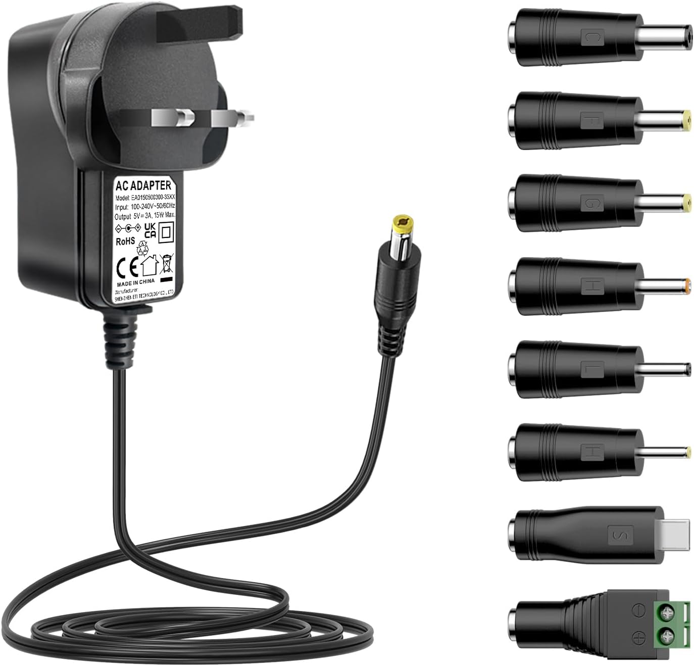 Zolt 5V 3A Power Supply, AC DC 5V Power Adapter Transformer with 8 DC Plugs for Household Electronics, 15W Max.