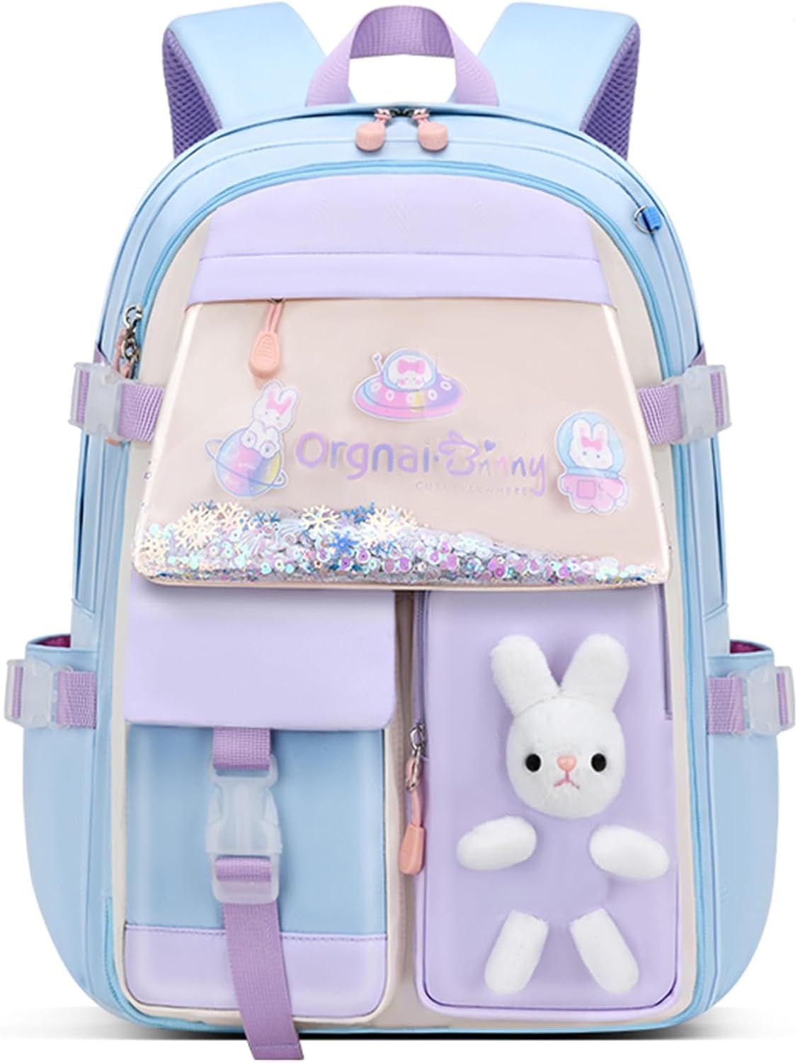 EKUIZAI Colorful Cute Backpack for Girls secondary Schoolbag Sweet and Kawaii Kid's Backpack with Rabbit dolls