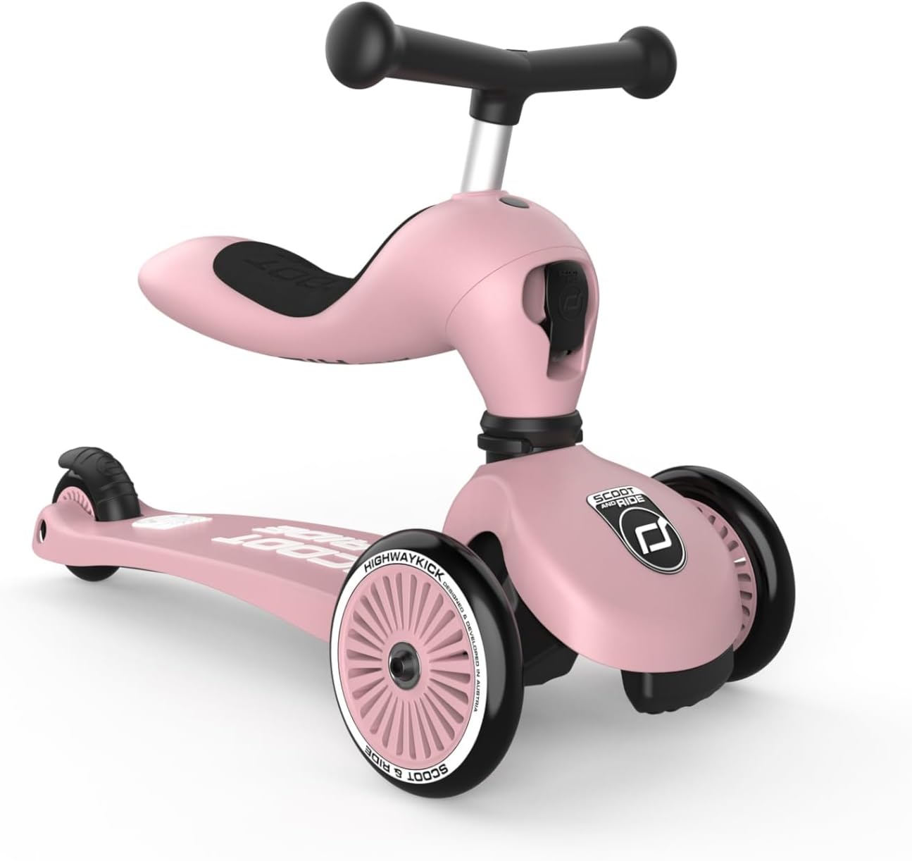 Scoot & Ride Highwaykick 1, 2-in-1 Toddler Scooter with Seat & Kickboard for Ages 1-5, Rose - Indoor or Outdoor Kids Ride-On Toy with Adjustable Handlebar & Seating Height and Anti-Tip Safety Pad