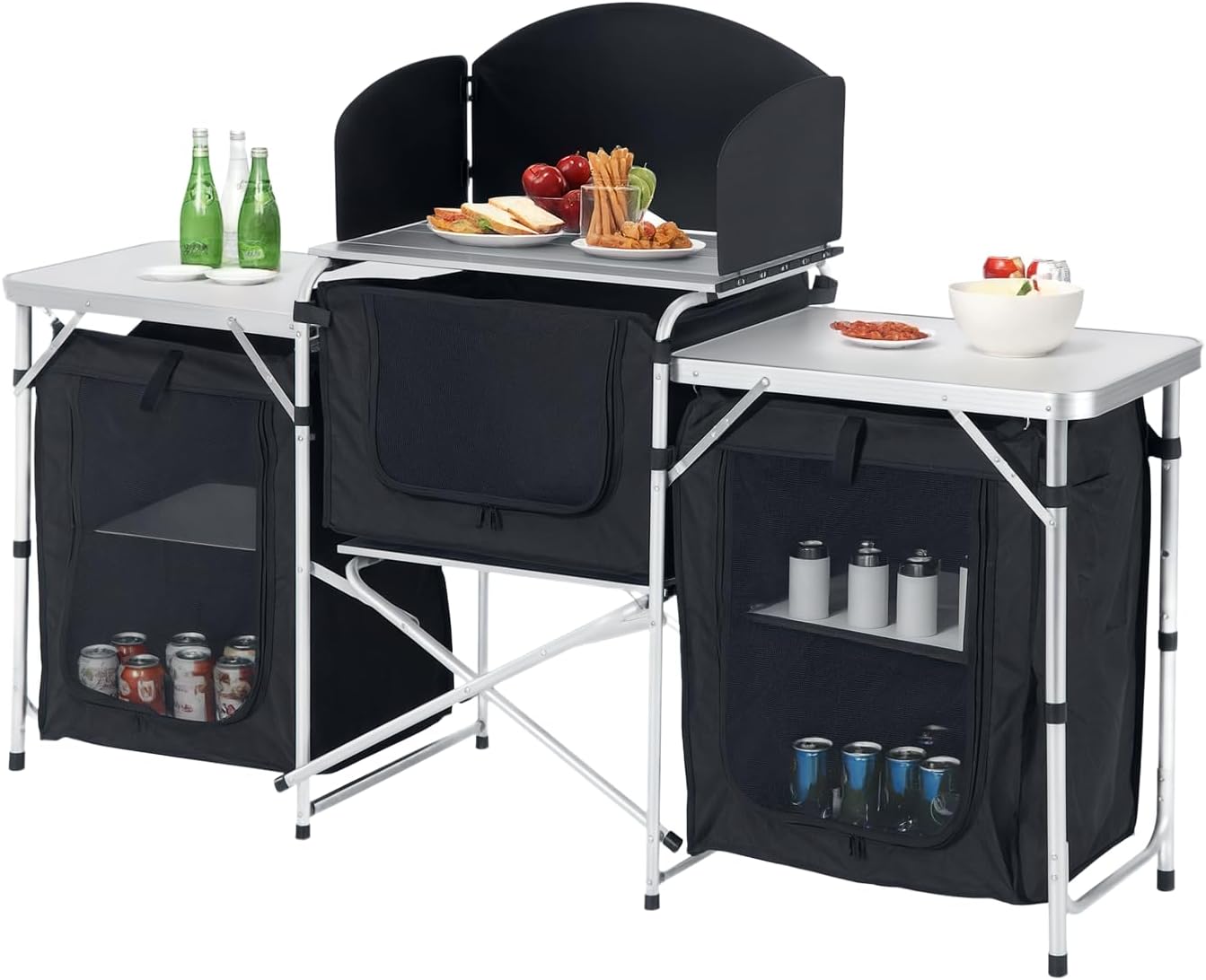 Outsunny Portable Camping Kitchen with Aluminium Frame, Fold-Up Cooking Table With Windscreen and 3 Enclosed Cupboards for BBQ, Party, Picnic, Black