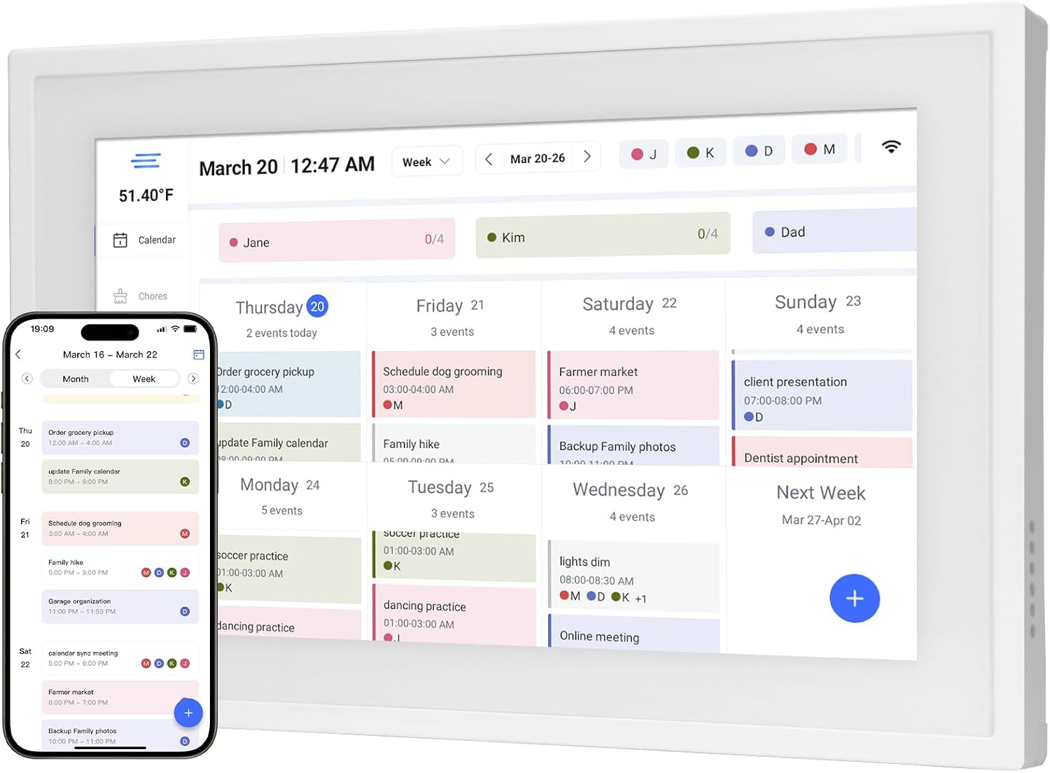 HoziRes Digital Calendar, 10.1 Inch Electronic Calendar & Smart Chore Chart, 2025 Family Planner Full HD Touchscreen Display for Home Organization, 32GB Memory Sync Schedules & Share Moments via App