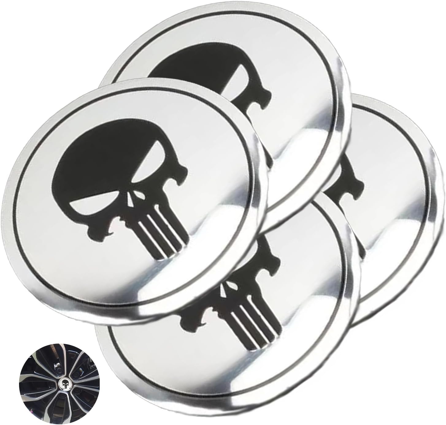1 Pack 4 Pcs Car Hub Center Cap Decal, Wheel Cap Cover Skull Pattern Decoration, 2.23 Inches Silvery Hub Cap for Most Car Models