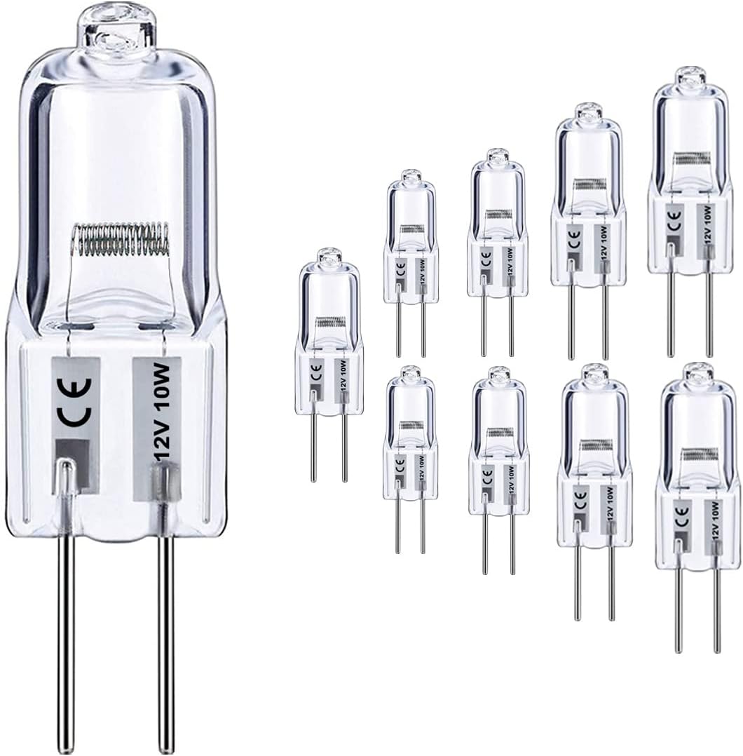 G4 Bulb, 10 Pack Halogen G4 12V 10W with G 4 Bi-pin Base, High Output G 4 Light Bulb 12V 150LM 3000Hrs Long Lifetime, G4 Dimmable, CRI100 & 2800K Warm White, Halogen Bulb 10W for Cabinet Light Bulbs
