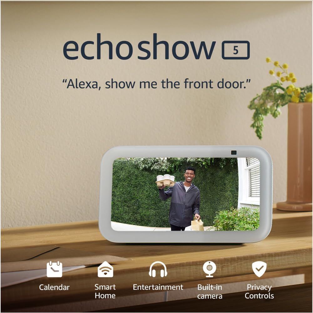Echo Show 5 (Newest gen) | Smart display and alarm clock with clearer sound | White