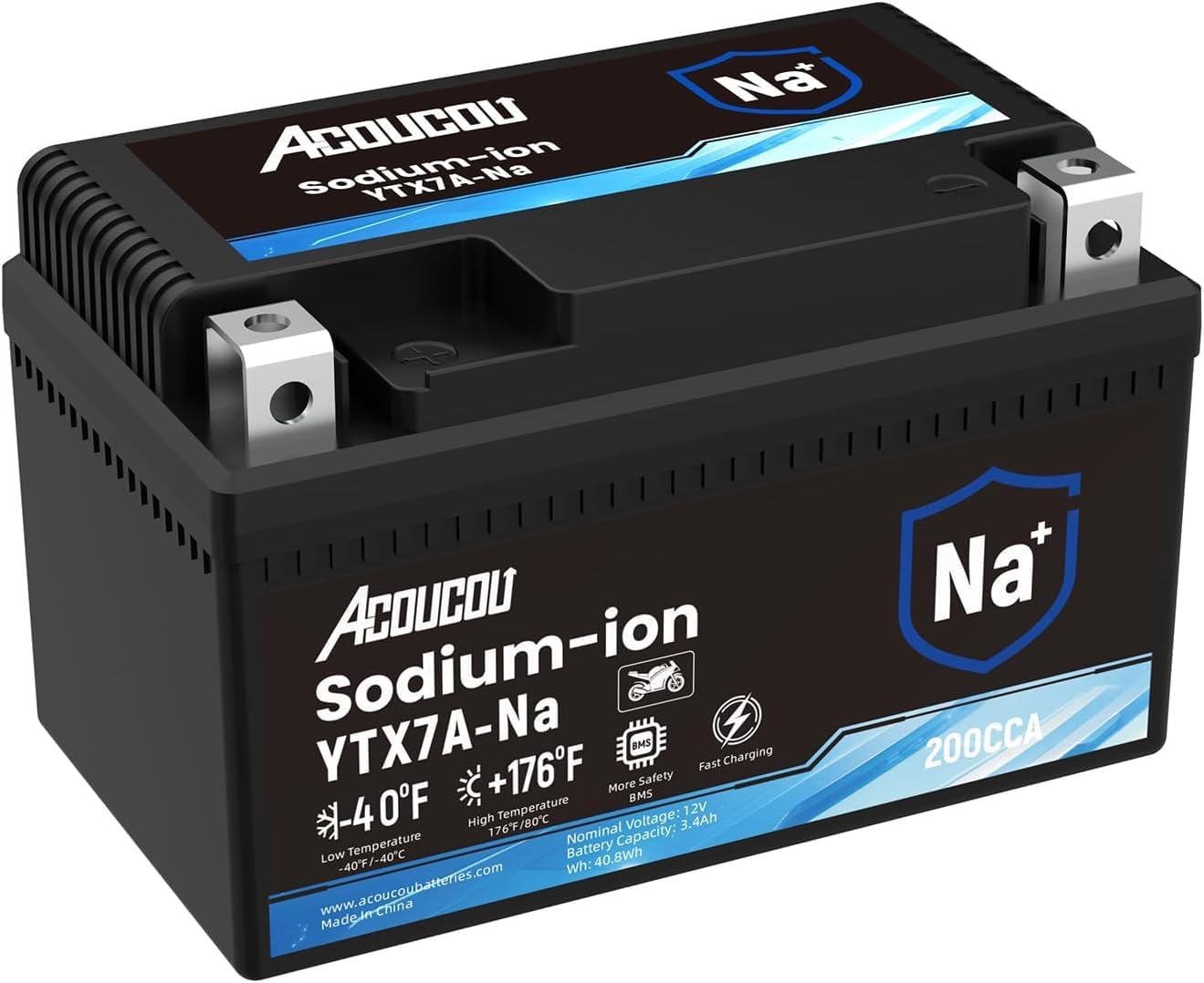 Acoucou YTX7A-BS Motorcycle Battery, 12V Sodium-Ion Battery, 200CCA, For Motorcycles, ATV, Lawn Mowers, Dirt Bike,Tractors, Scooter, UTV. Replacement for YTX7A BS Lead-acid and Lithium Batteries