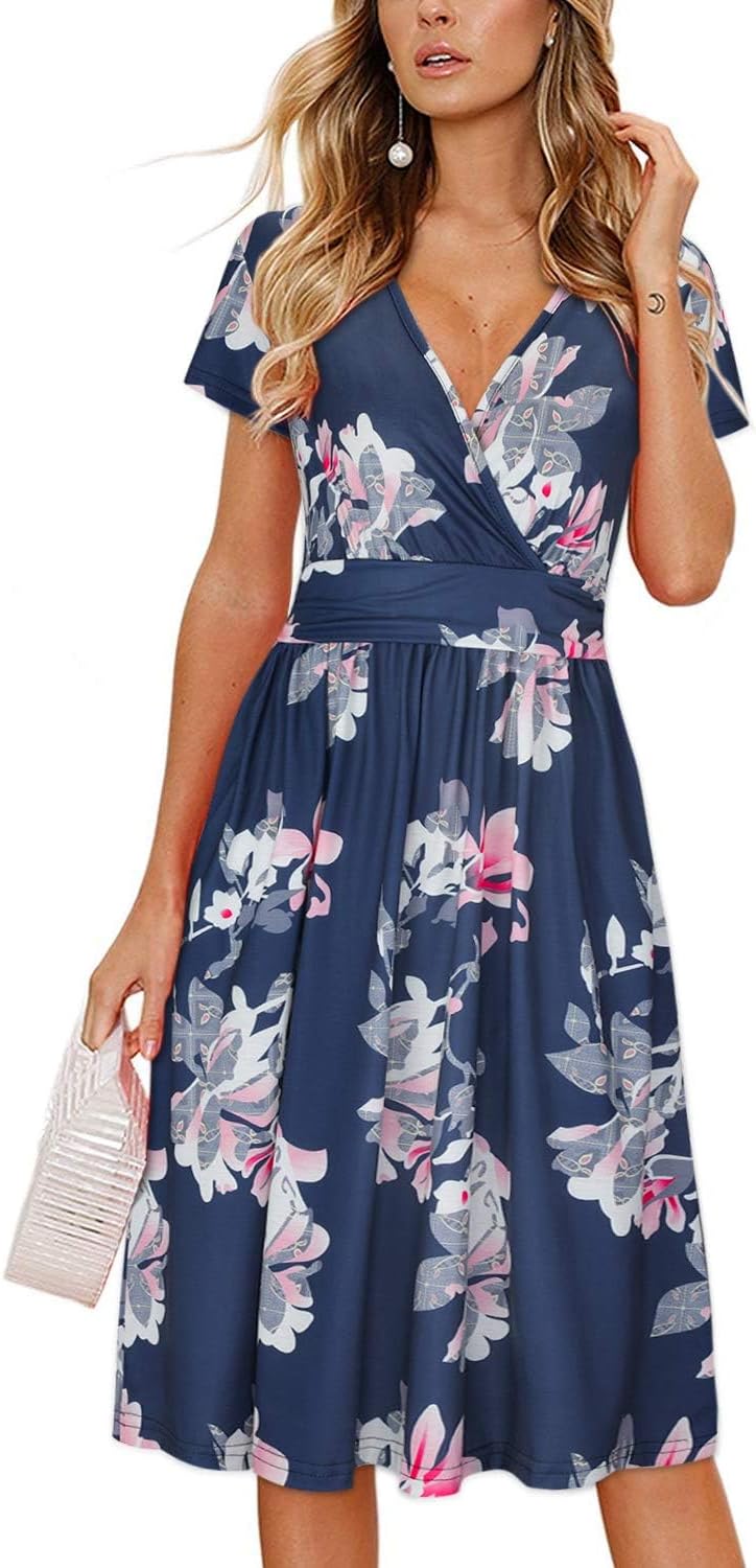 OUGES Women's Summer Midi Dress V-Neck Long/Short Sleeve Floral Ladies Fall Dress with Pockets