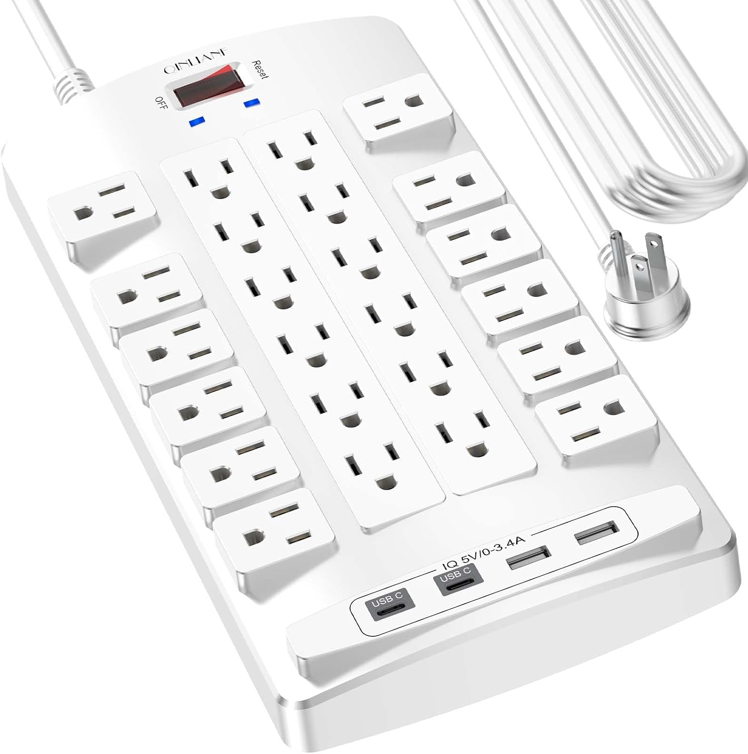 Surge Protector Power Strip - QINLIANF 20Ft Flat Plug Heavy Duty Extension Cord with 24 Outlets and 4 USB Ports(2 USB-C Ports), 4100J, for Home, Office, Dorm, ETL Listed, White