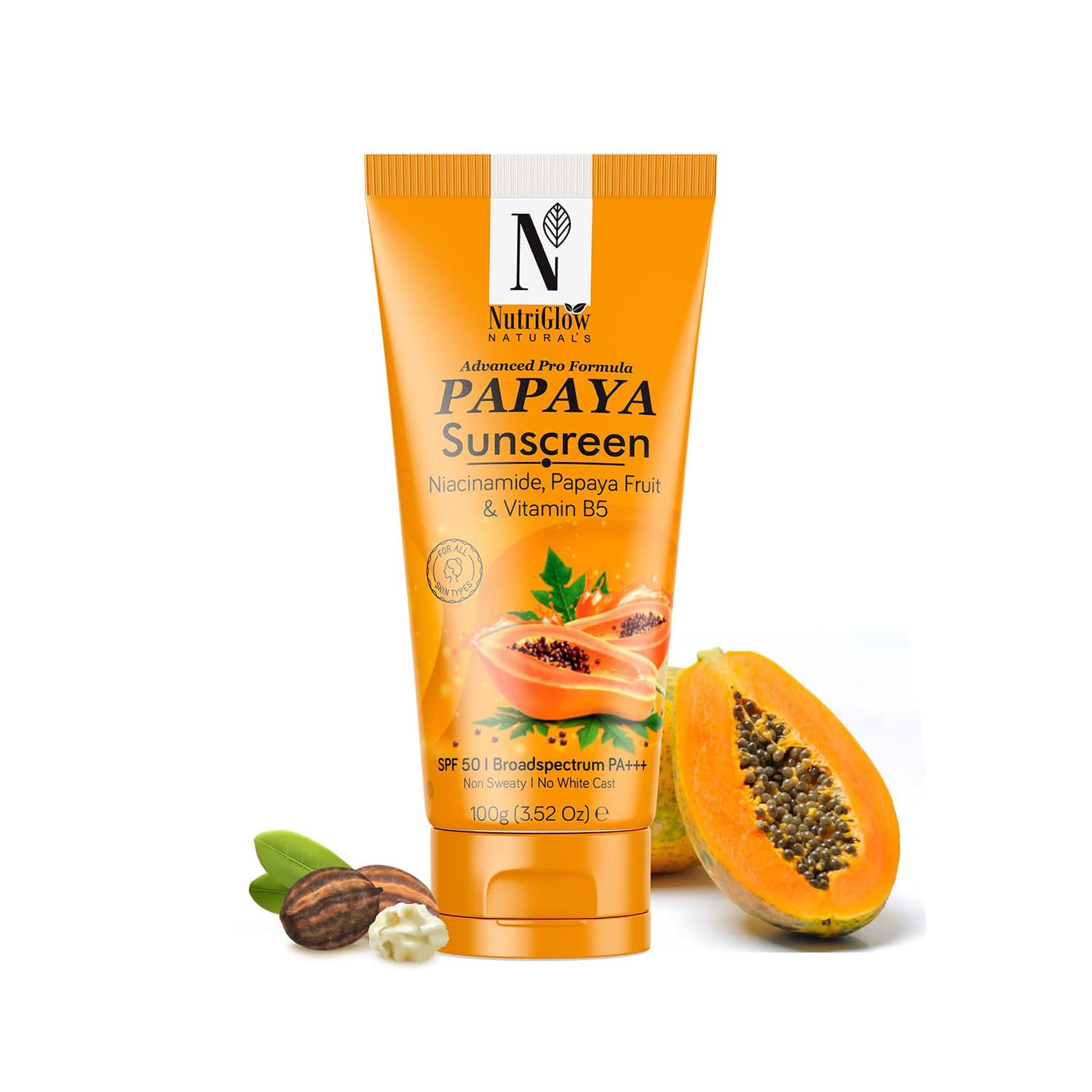 NutriGlow NATURAL'S Advanced Pro Formula Papaya Sunscreen SPF 50, No White Cast, Lightweight For Oily & Dry skin, 3.5Oz