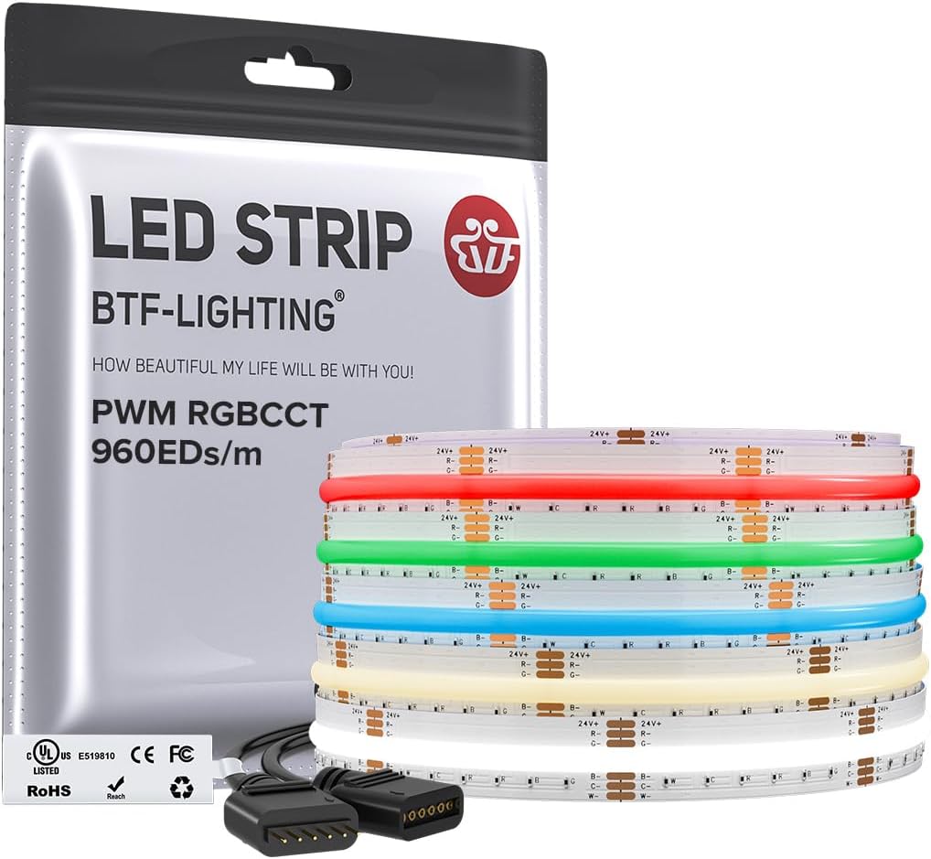 BTF-LIGHTING 16.4FT RGBCCT COB LED Strip Light, DC24V Color Changing