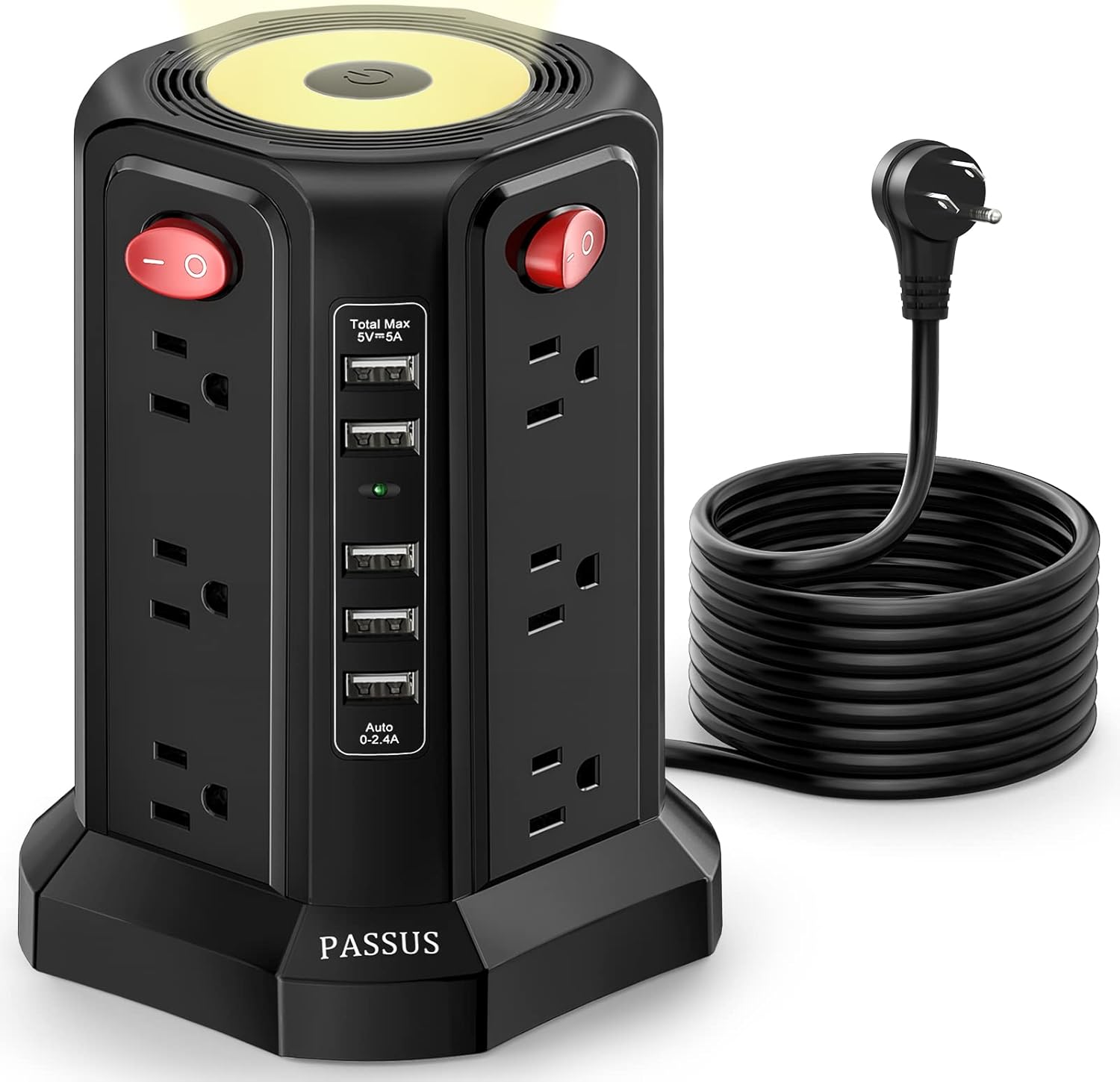 Surge Protector Power Strip Tower with 5 USB Ports and Night Light,10FT Extension Cord with 12 AC Multiple Outlets, PASSUS Power Tower Overload Protection for Home Office Dorm Room Essentials(Black)