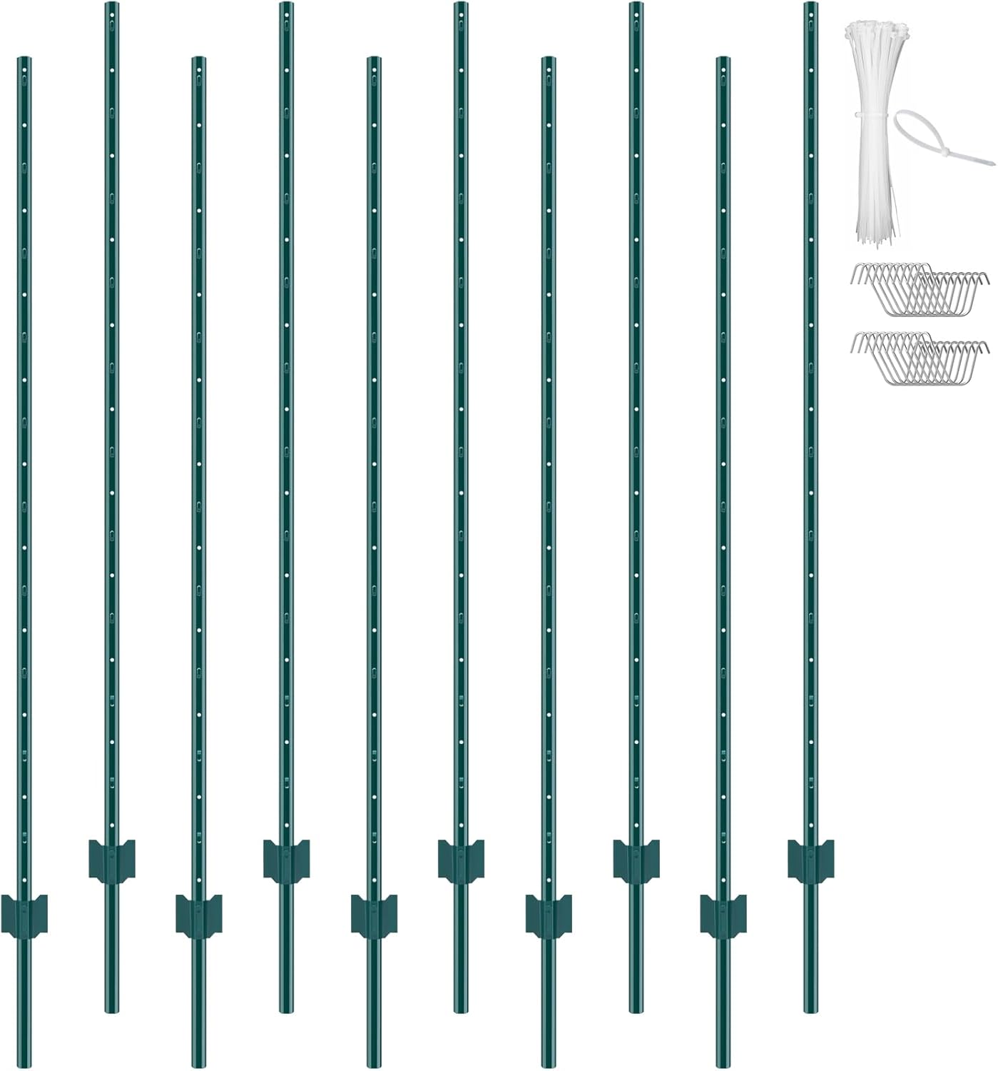 VEVOR 6 Feet Fence Post, 10 Pack U-Channel Heavy Duty Metal Fence Posts with 40 Zip Ties & 20 Clips, Sturdy Steel Fence Stakes for Garden Yard, Lawn, Farms and Outdoor Wire Fencing, Green