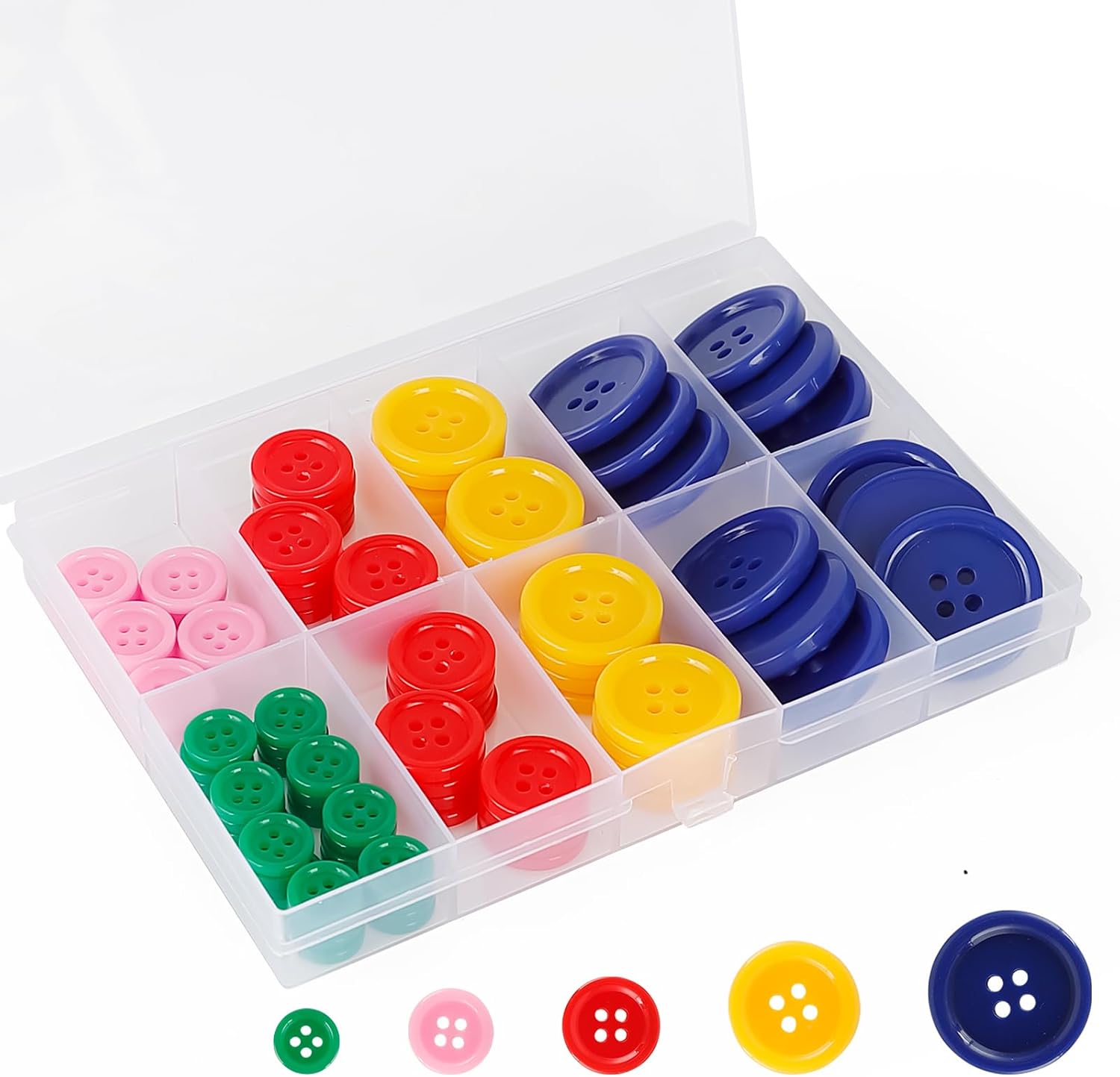 100 Pcs Mixed Color Round Resin 4-Hole Sewing Buttons, 5 Sizes Button Set