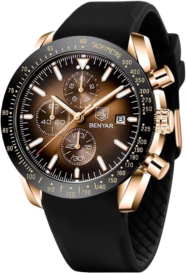 BENYAR Watch for Men Analog Quartz Chronograph Waterproof Luminous Designer Mens Wrist Watches Business Work Sport Casual Dress Watch with Silicone Strap Elegant