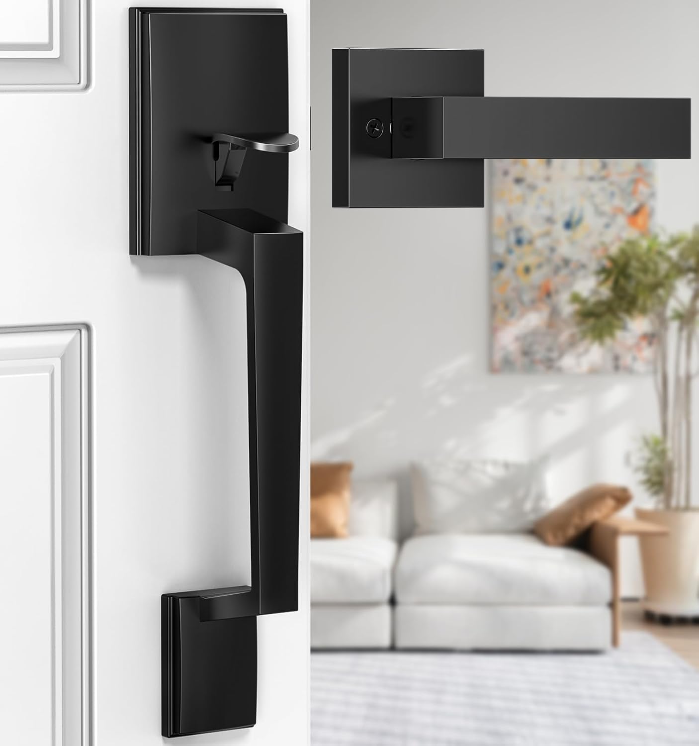 Brightify Black Front Door Handle, Modern Exterior Door Handle with Passage Lever, Front Entry Door Handle No Lock, Reversible for Left & Right Hand Door, Lower Half Grip